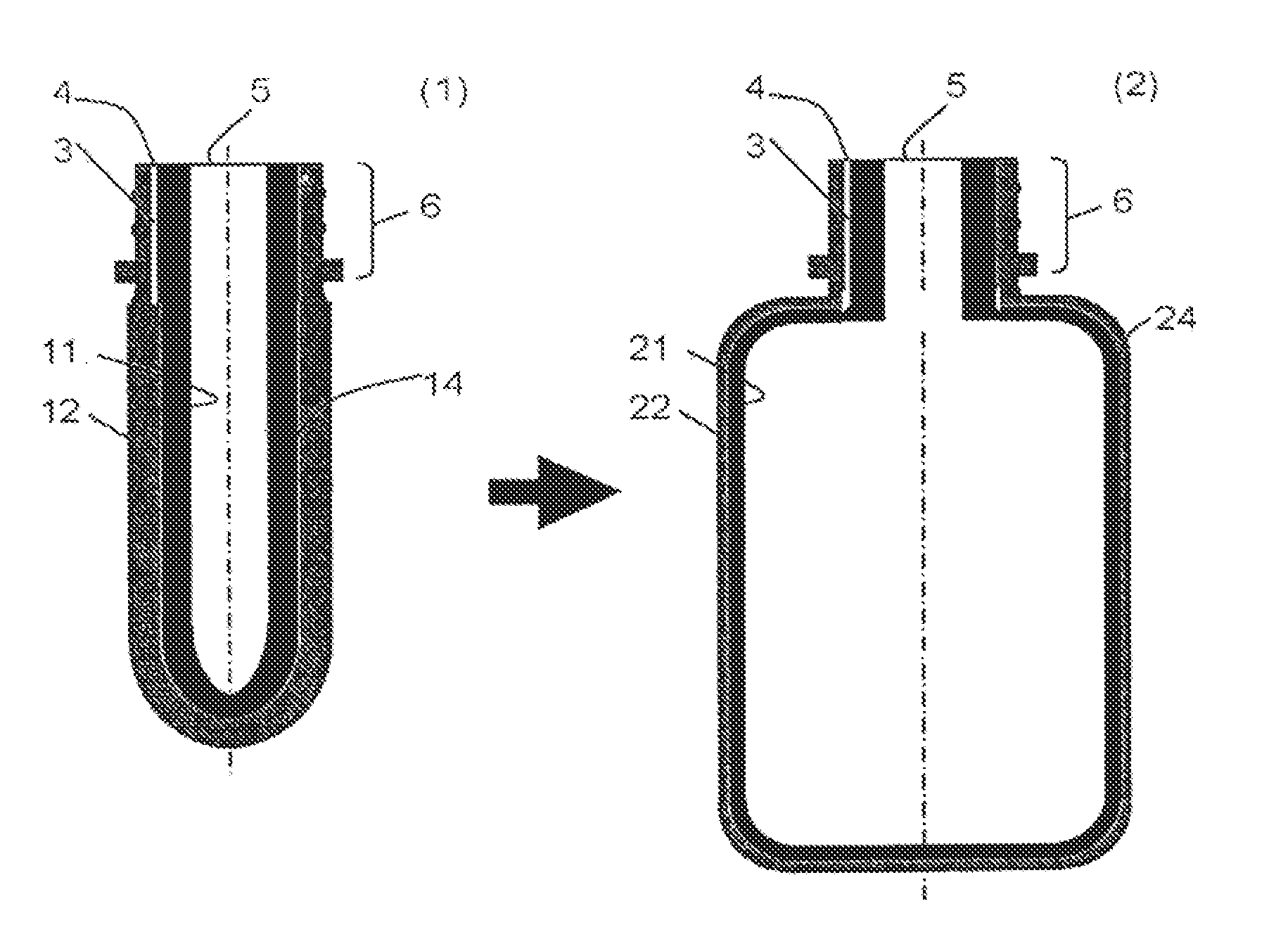 Integrally blow-moulded bag-in-container having a bag anchoring point; process for the production thereof; and tool thereof