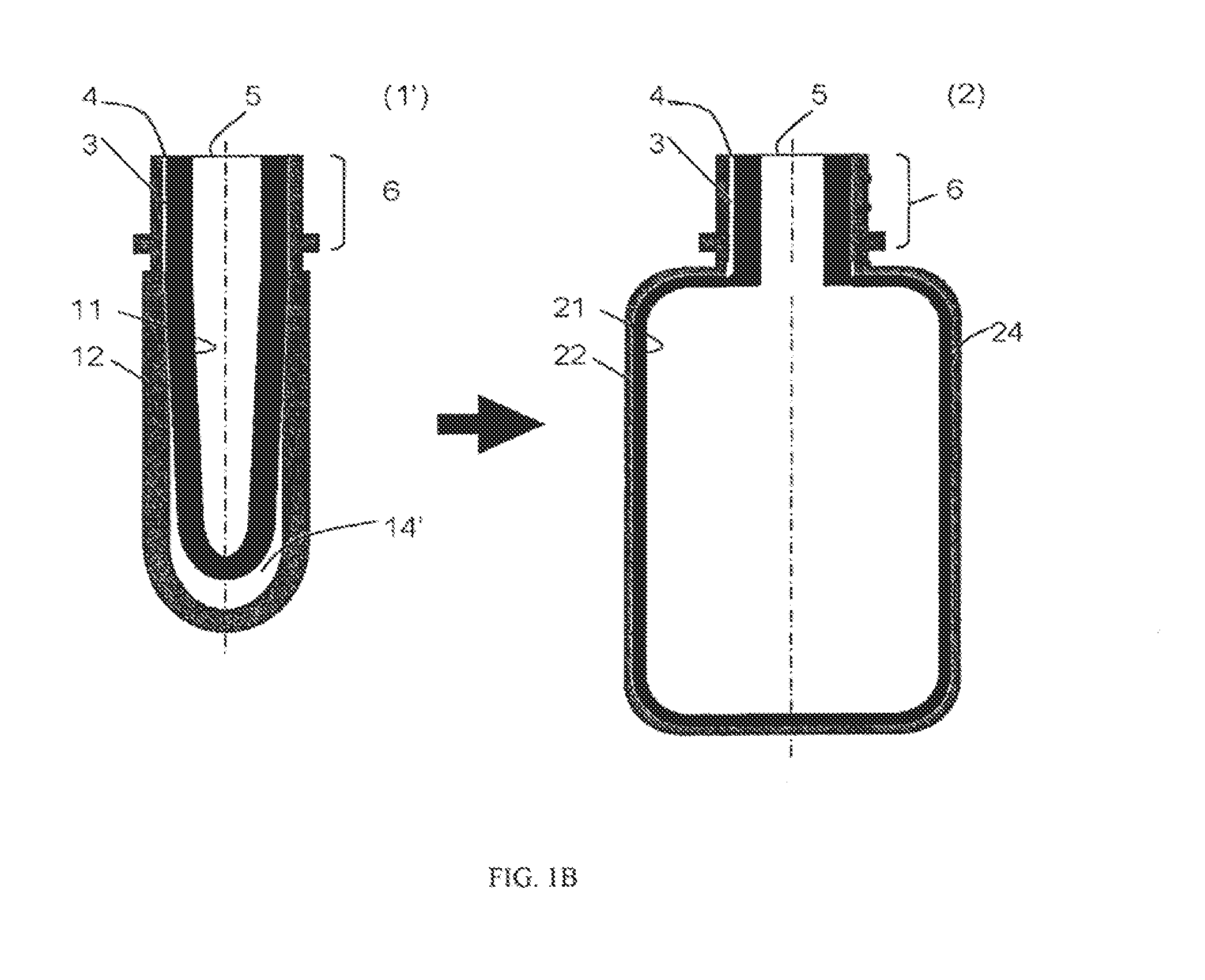 Integrally blow-moulded bag-in-container having a bag anchoring point; process for the production thereof; and tool thereof