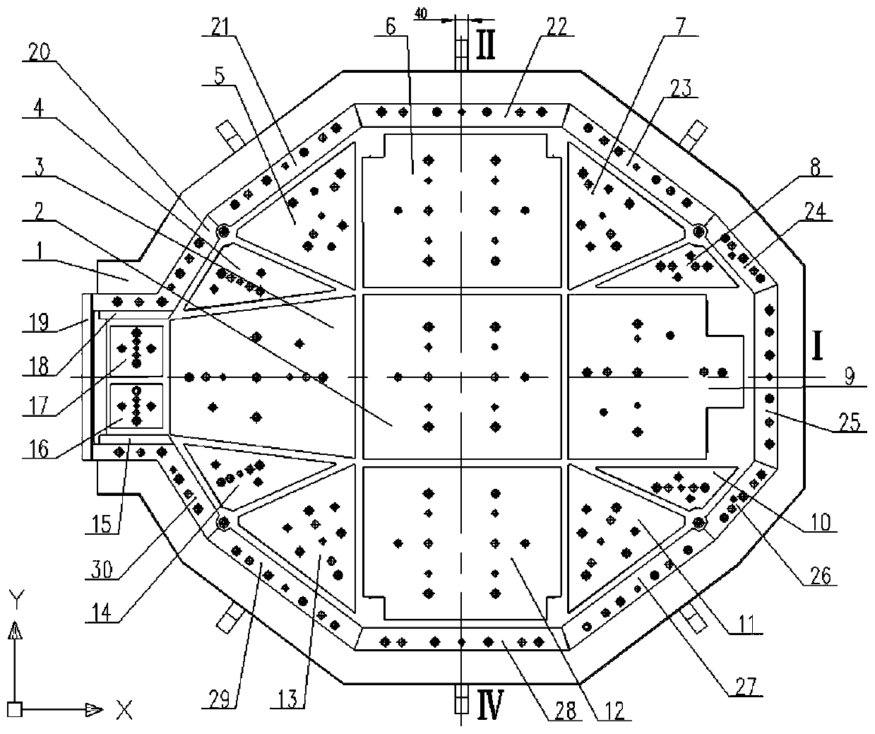 Integral forming die design method for complex carbon fiber stiffener for satellite and die