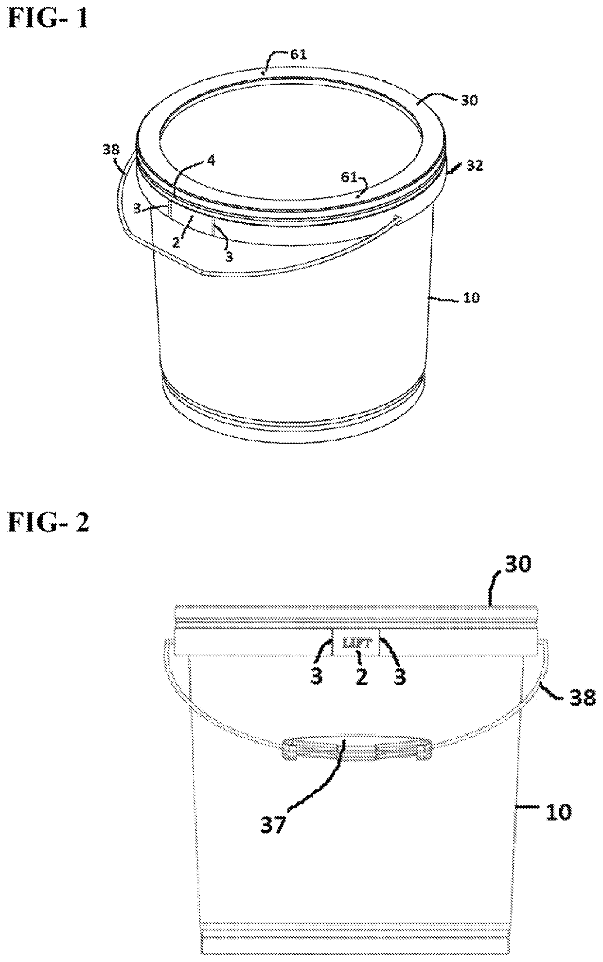 Plastic container body and container closure and carry handle grip / container leverage opening tool assembly