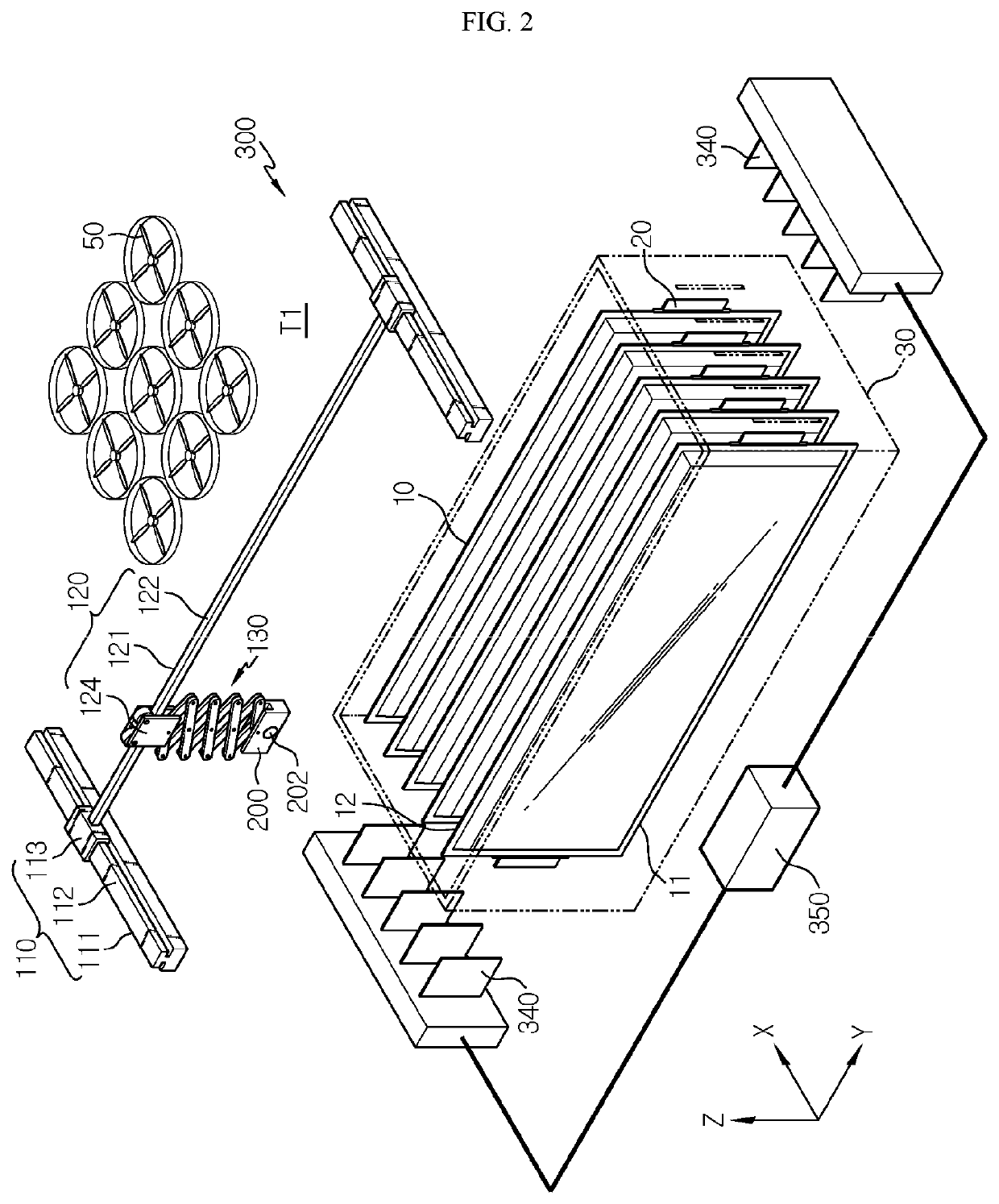 Charging and discharging apparatus including cooling fan and movable temperature measuring device for secondary battery