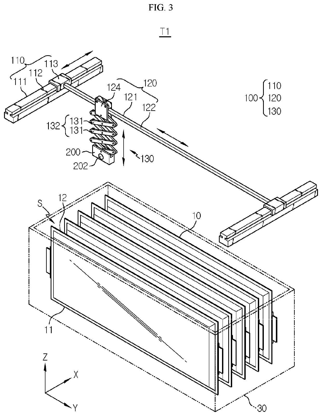 Charging and discharging apparatus including cooling fan and movable temperature measuring device for secondary battery