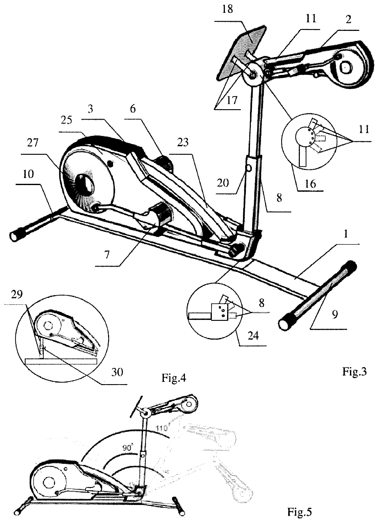 Elliptical exercise device for simultaneous training of shoulder girdle, pelvic girdle and trunk muscles in a human