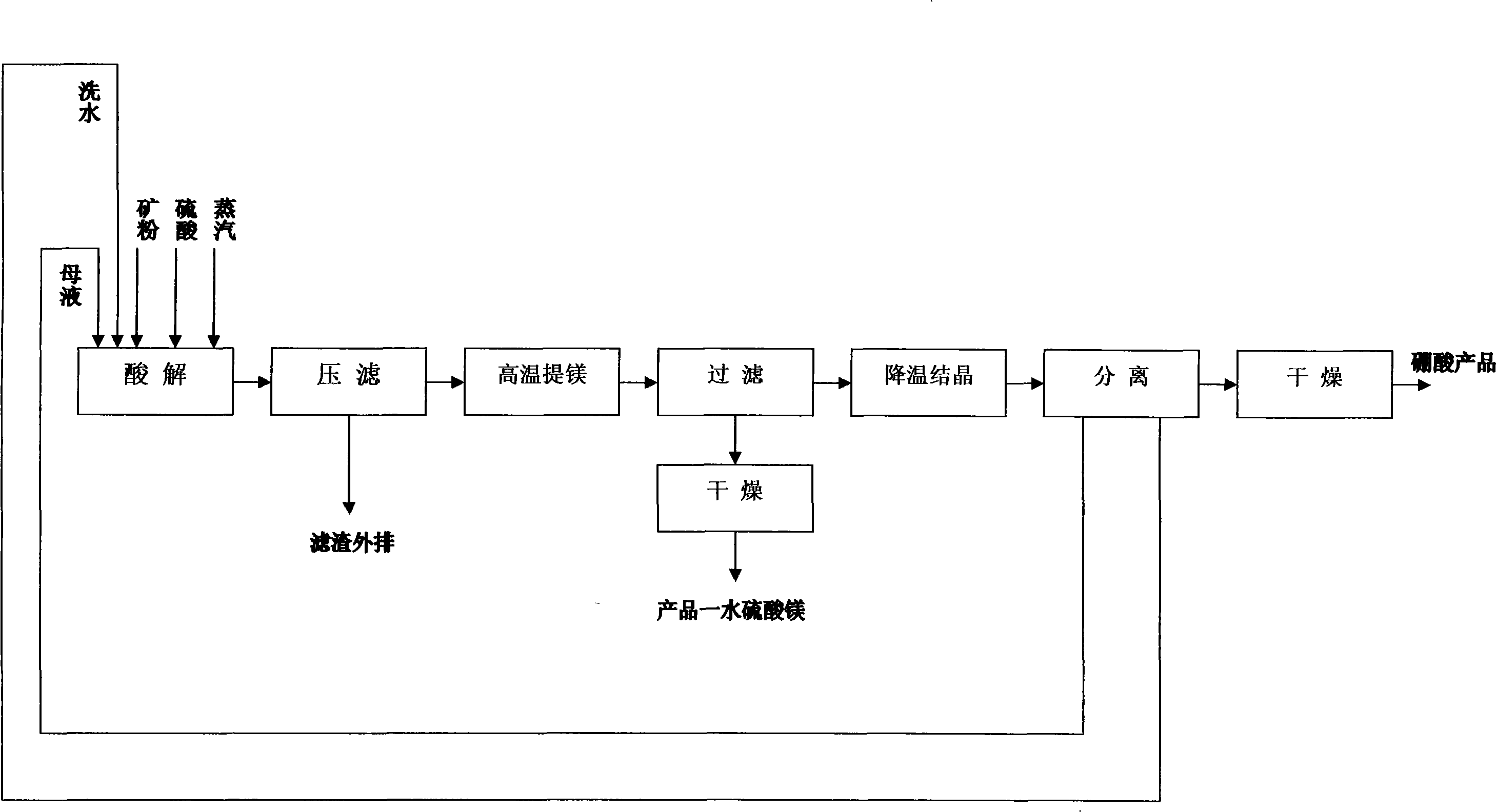 Technology for producing boracic acid and monohydrate magnesium sulfate by employing ascharite ore sulfuric acid process