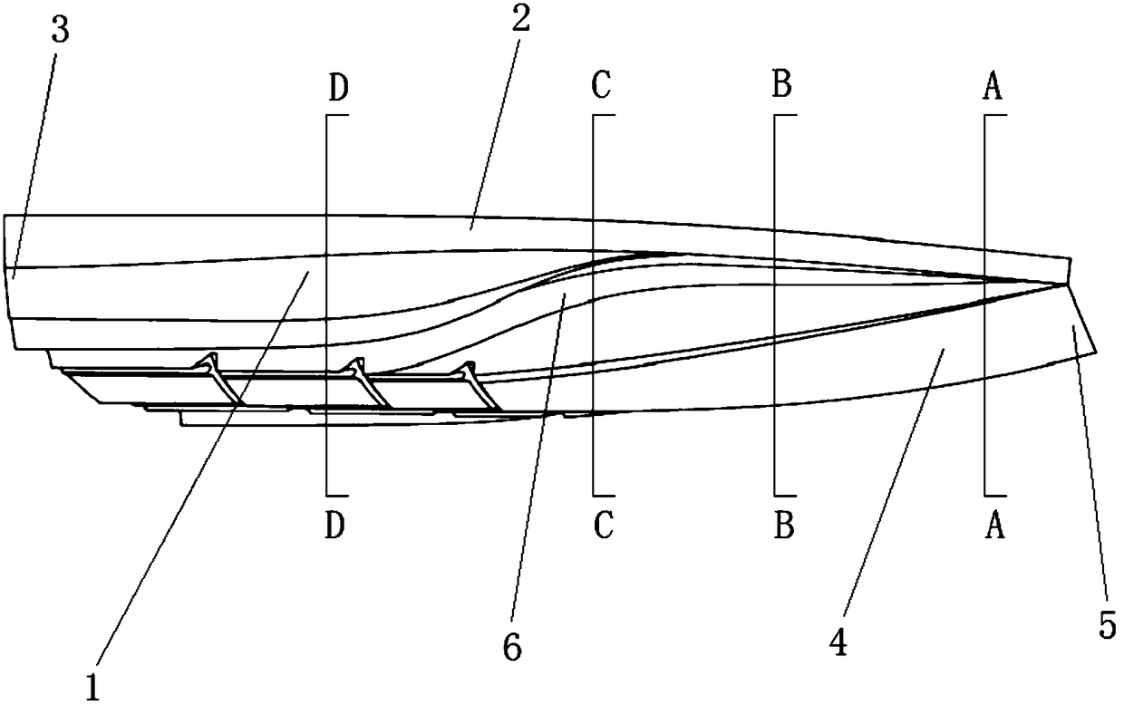 A three-hull slotted boat with an axe-shaped bow