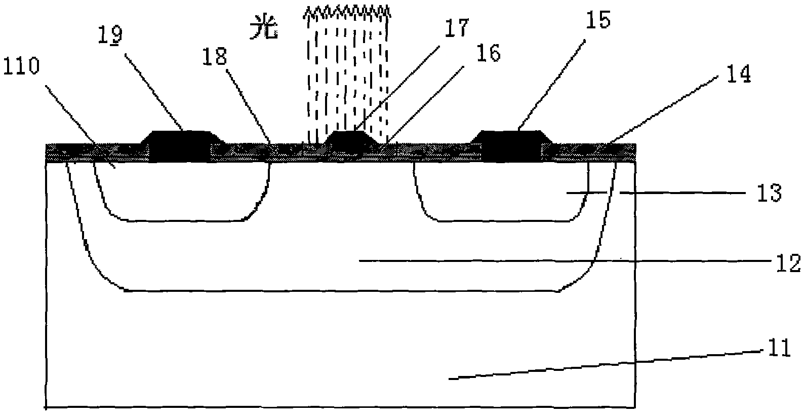 CMOS (Complementary Metal-Oxide-Semiconductor Transistor)-process compatible grid-control p-n junction forward-direction injection type silicon light-emitting device and production method thereof