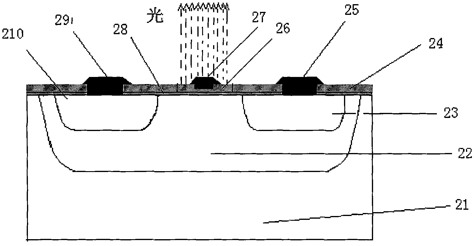 CMOS (Complementary Metal-Oxide-Semiconductor Transistor)-process compatible grid-control p-n junction forward-direction injection type silicon light-emitting device and production method thereof