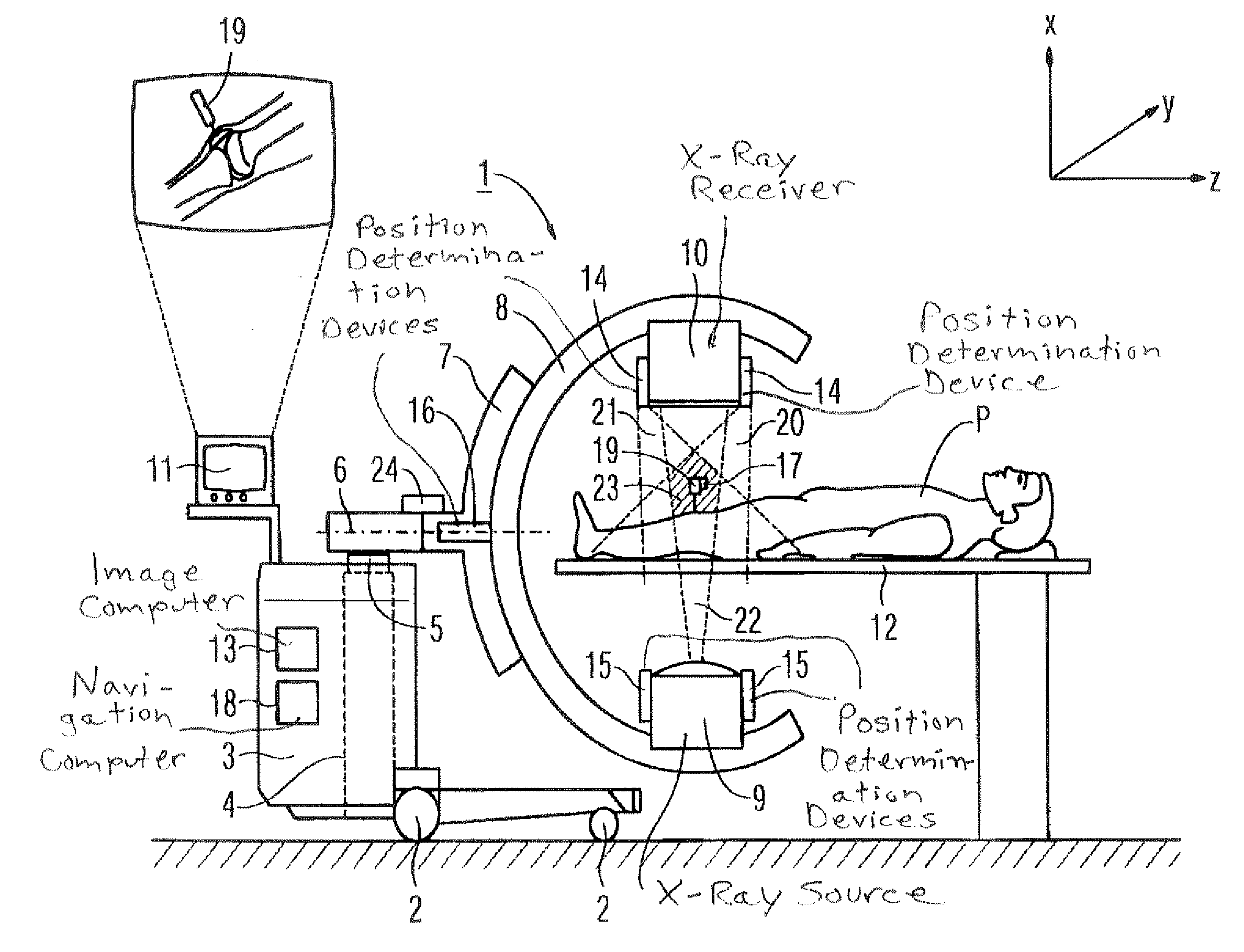 Medical apparatus with image acquisition device and position determination device combined in the medical apparatus