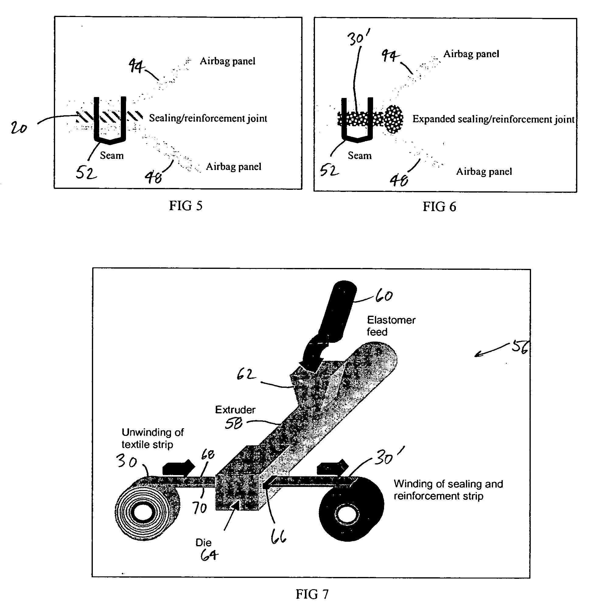 Sealing and reinforcing strips principally for airbag assembly joints