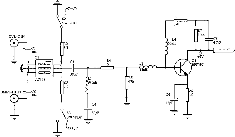 Control circuit for integral high frequency head between digital cable television and digital terrestrial television