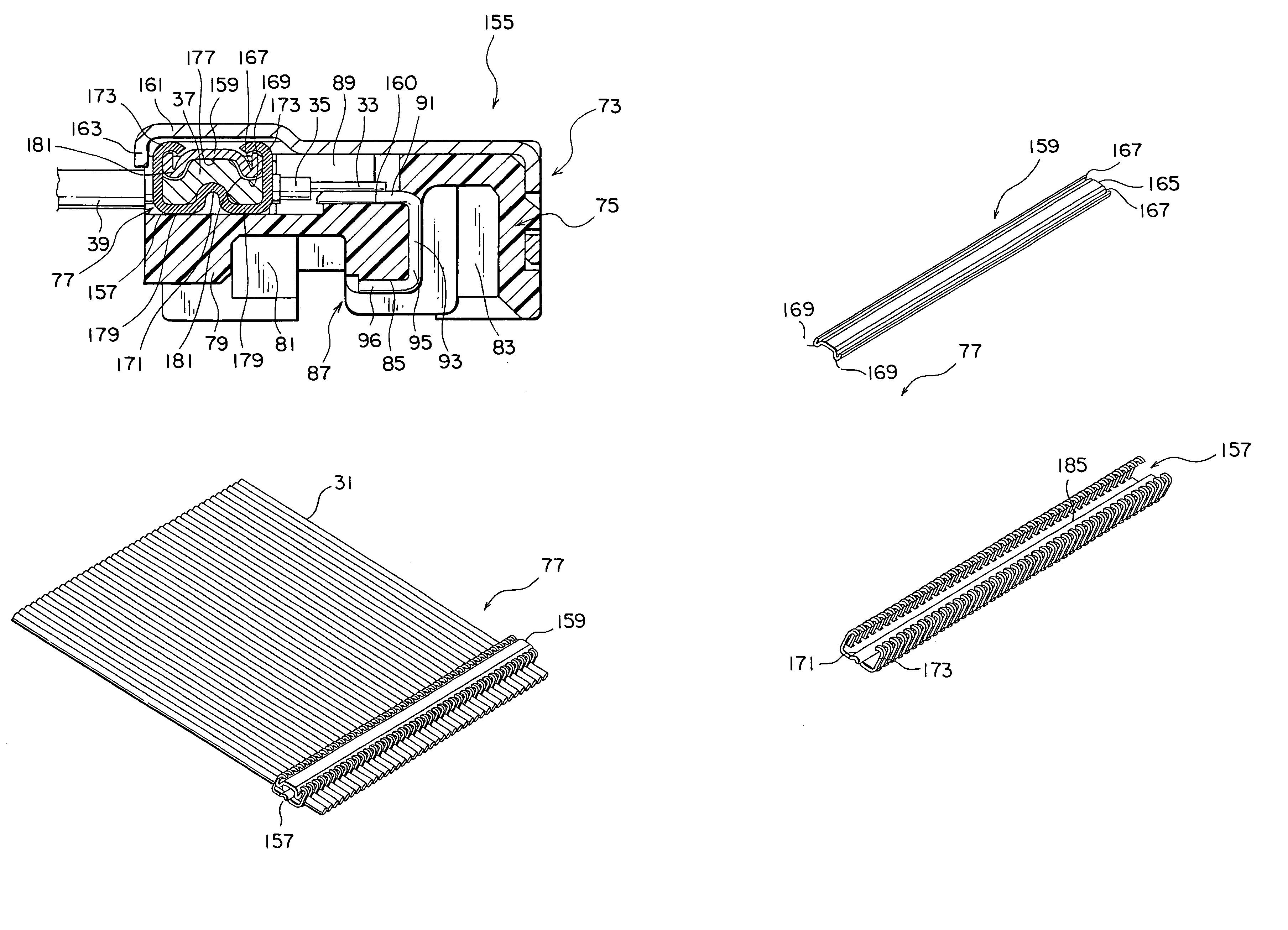 Cable with a meandering portion and a ground portion sandwiched between retaining elements