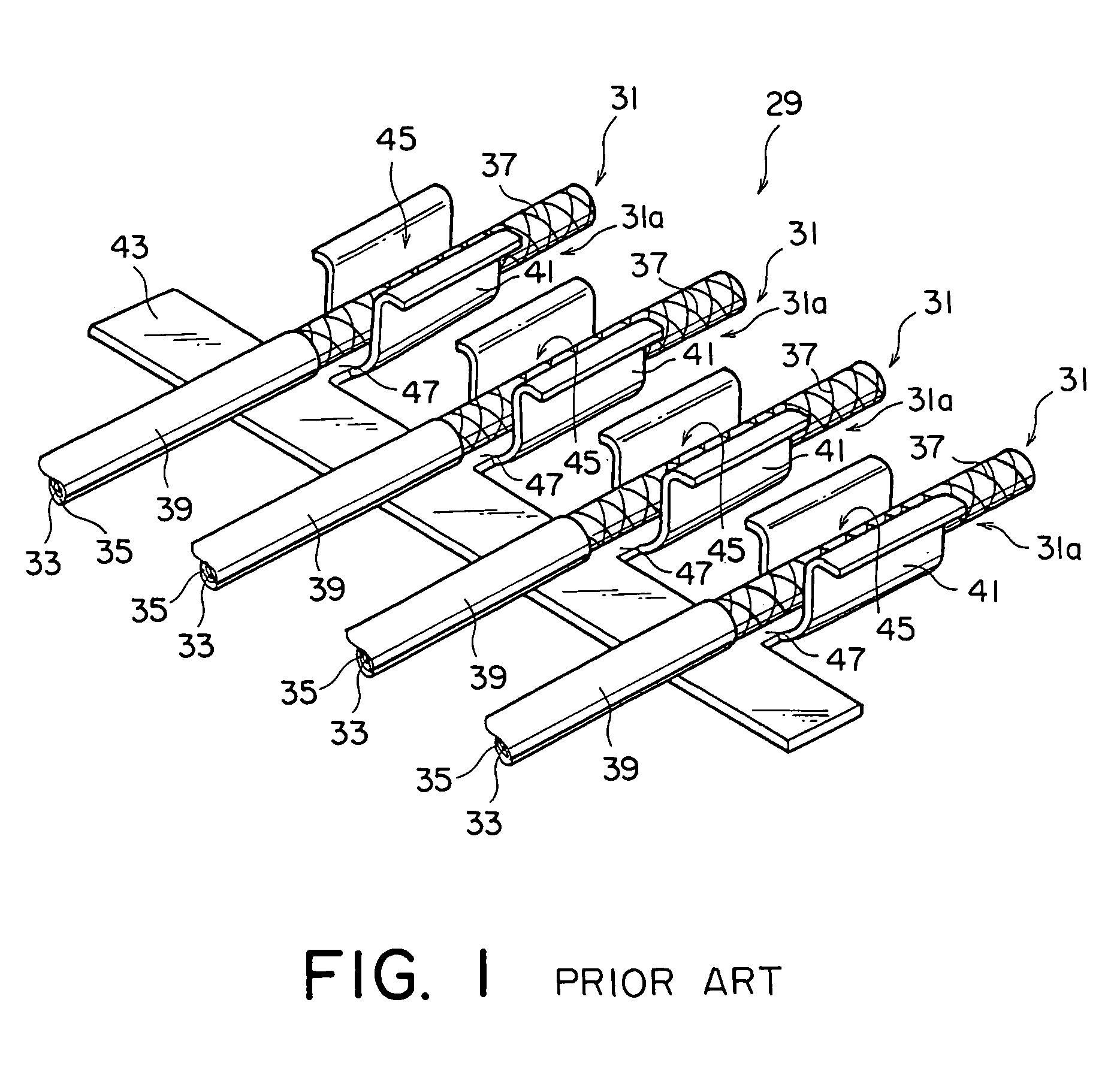 Cable with a meandering portion and a ground portion sandwiched between retaining elements