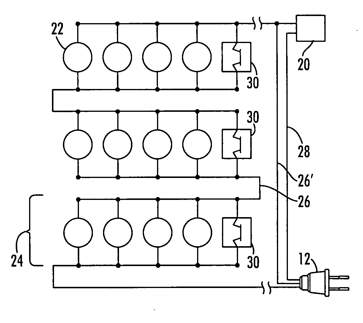 String of lights with voltage regulation