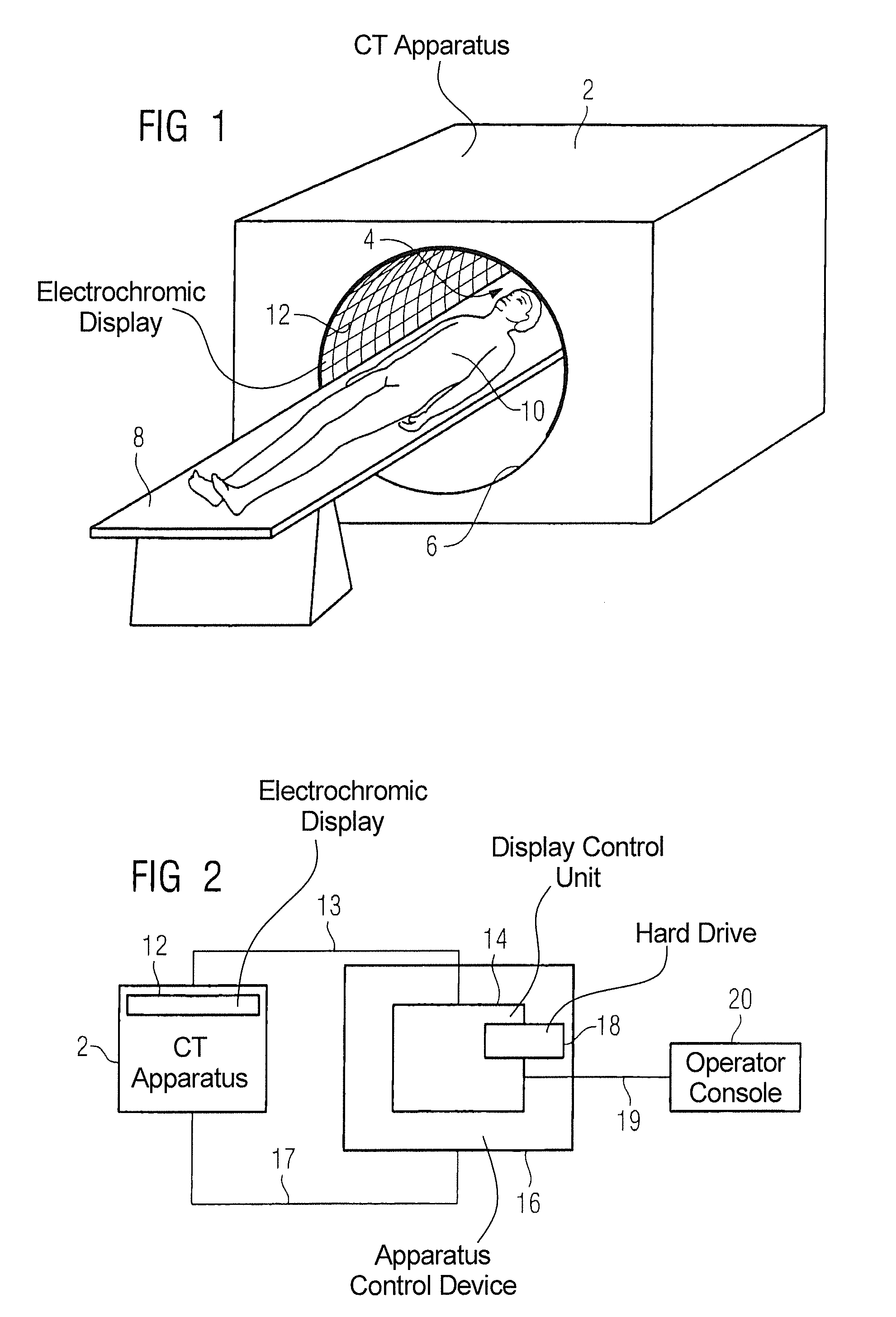 Medical diagnosis or therapy apparatus with an electrochromic display for the patient