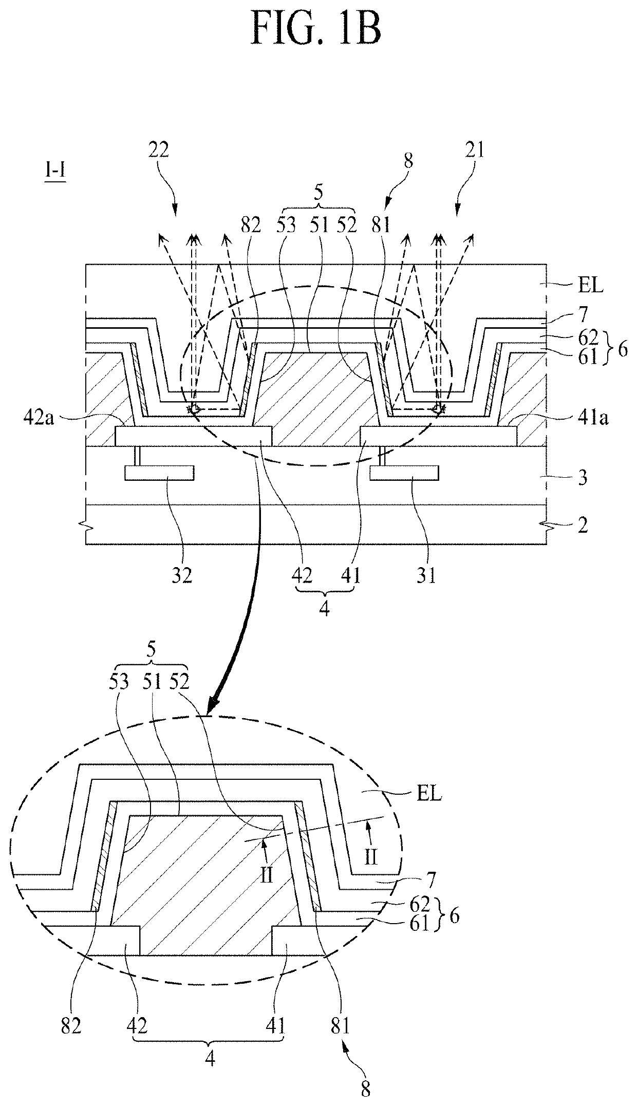 Display device having a reflective portion covered bank sidewall