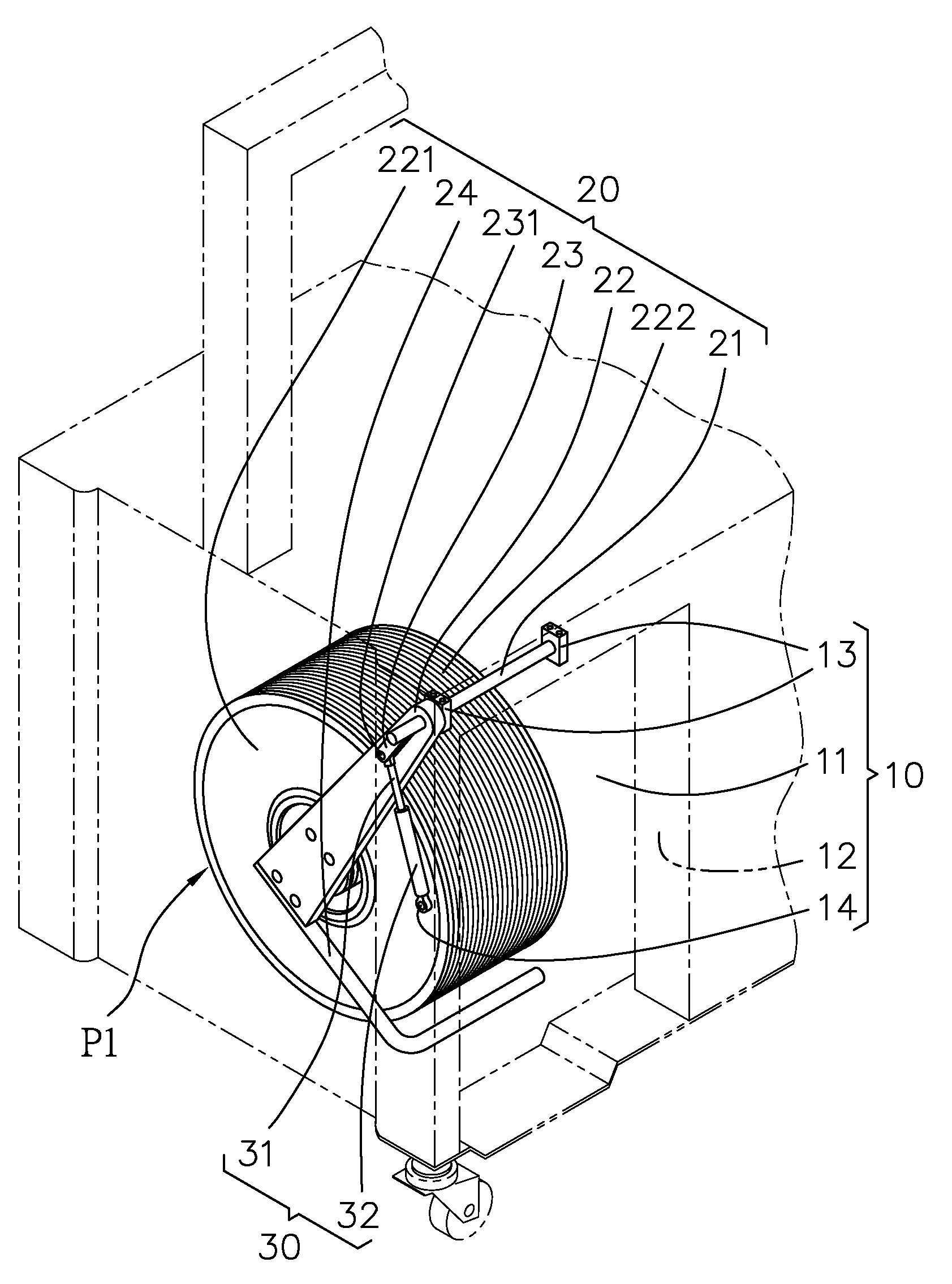 Device having a liftable strap supply reel