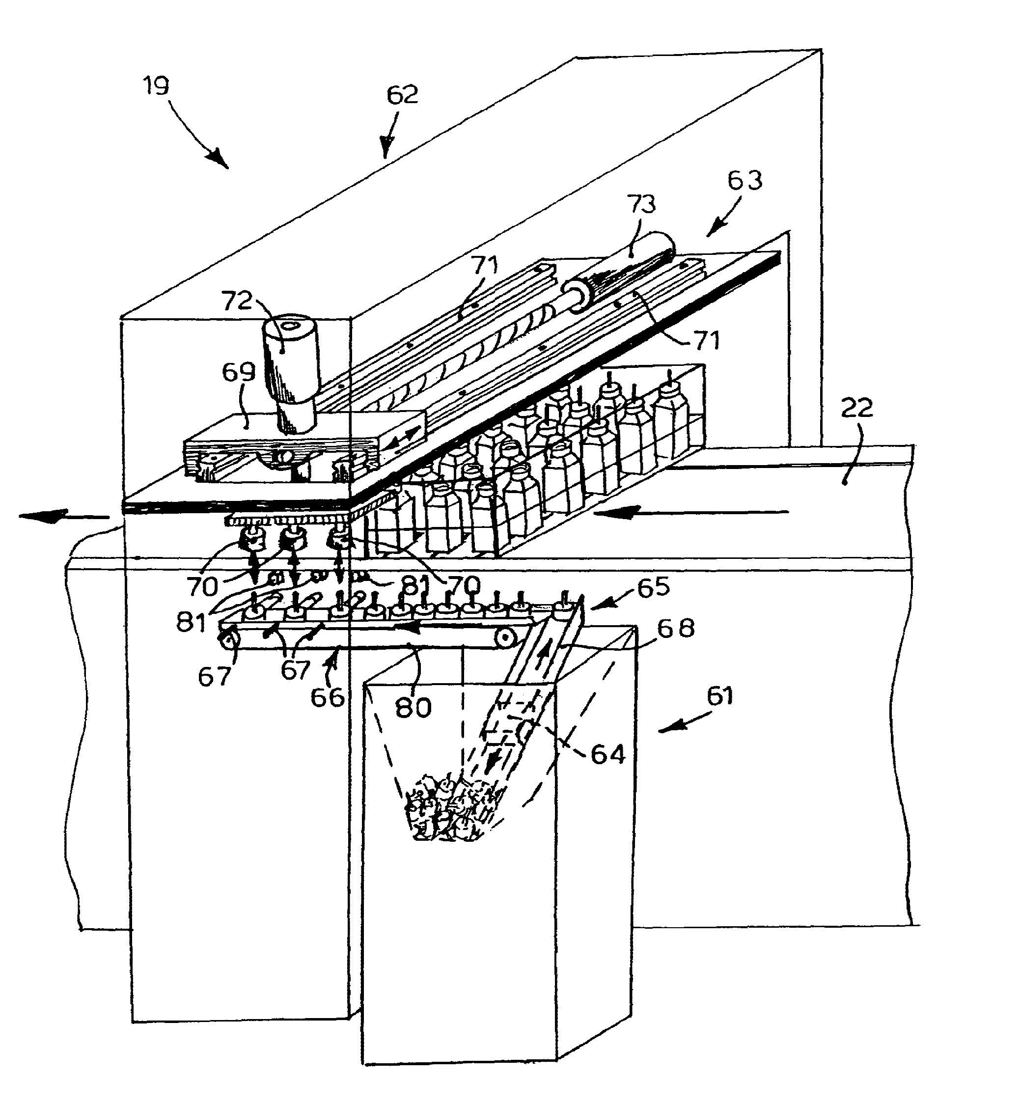 Machine and method for treating containers of liquids, and loading device for said containers