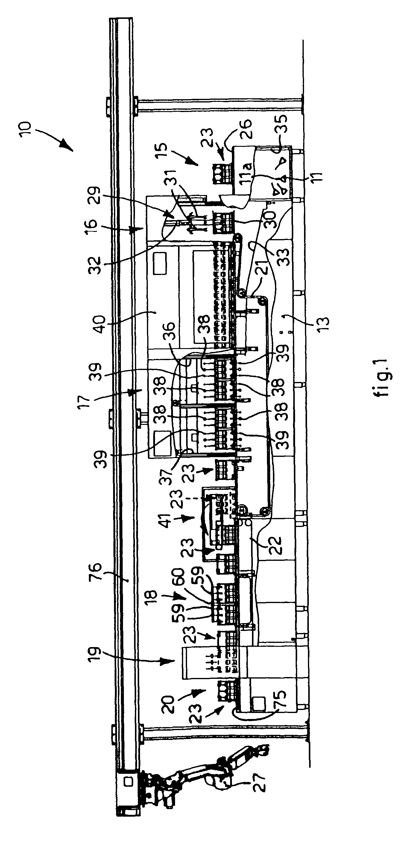 Machine and method for treating containers of liquids, and loading device for said containers