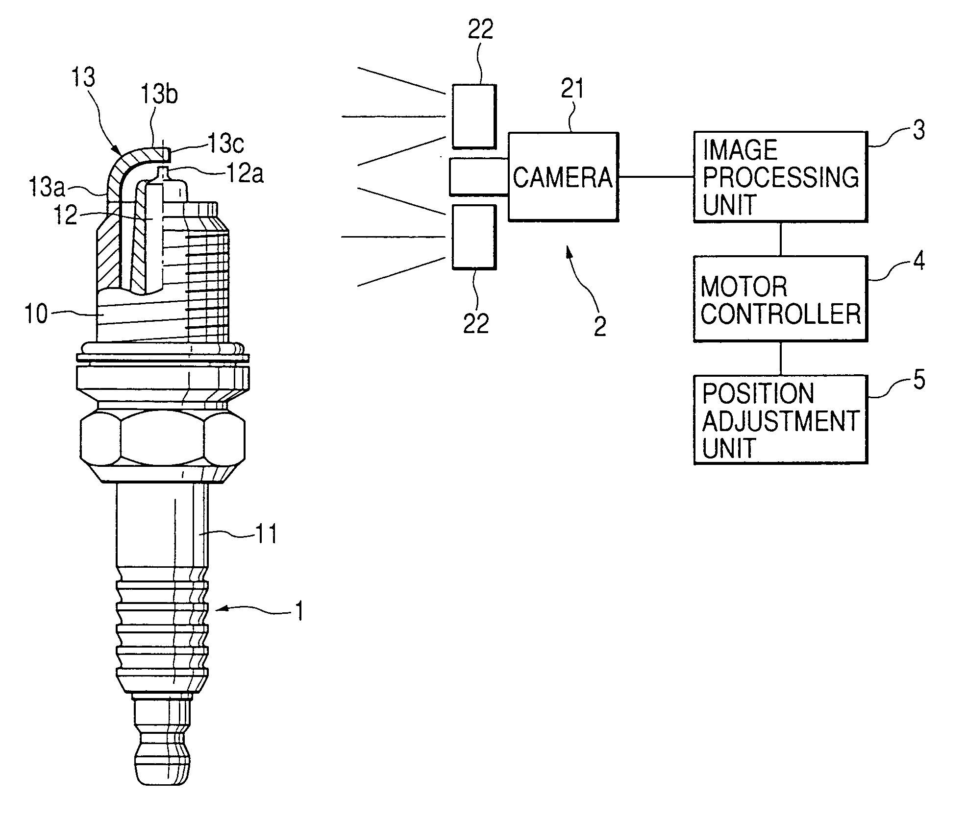 Adjusting method for centering earth electrode at center electrode of spark gap of spark plug