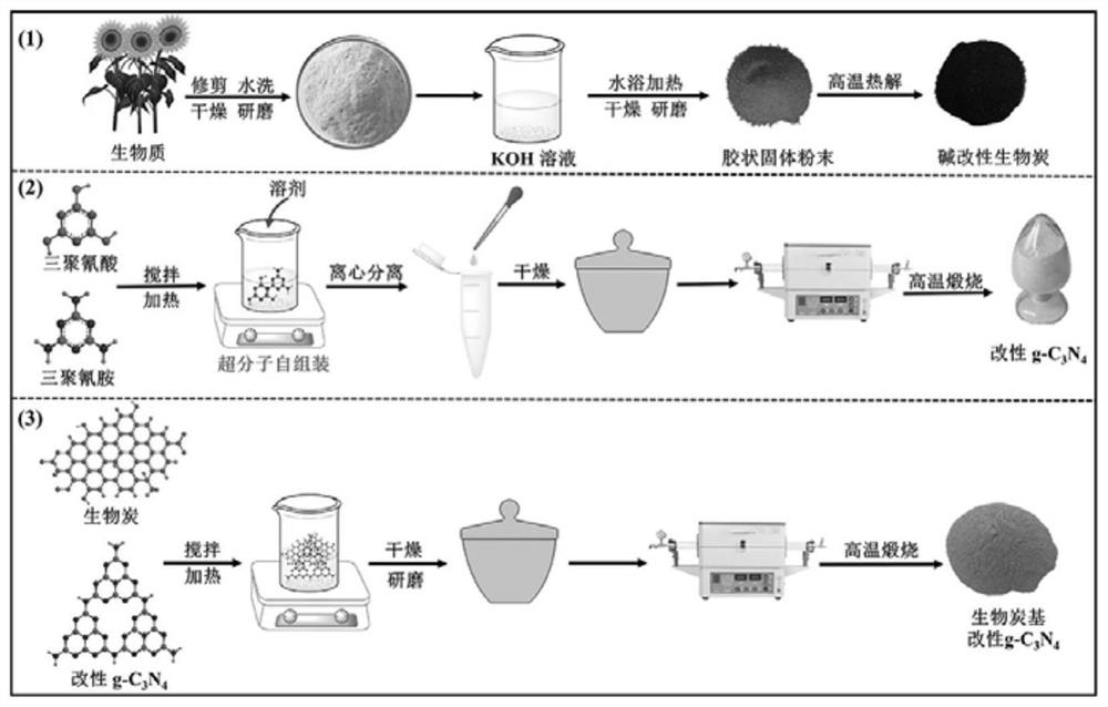 Biochar-based supramolecular self-assembled carbon nitride composite photocatalytic material as well as preparation method and application thereof