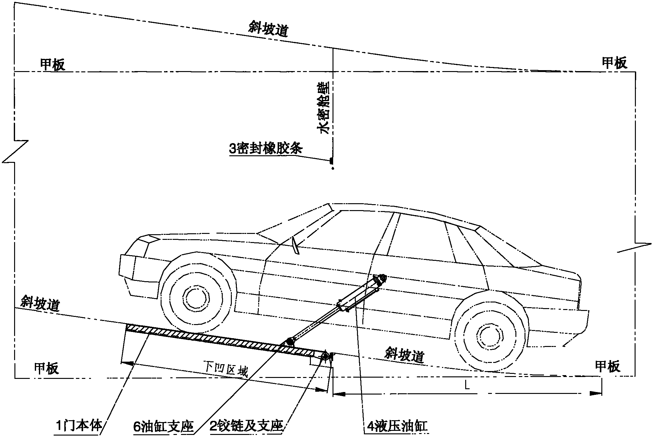 Hinge type light hydraulic watertight door under roll-on-roll-off ship