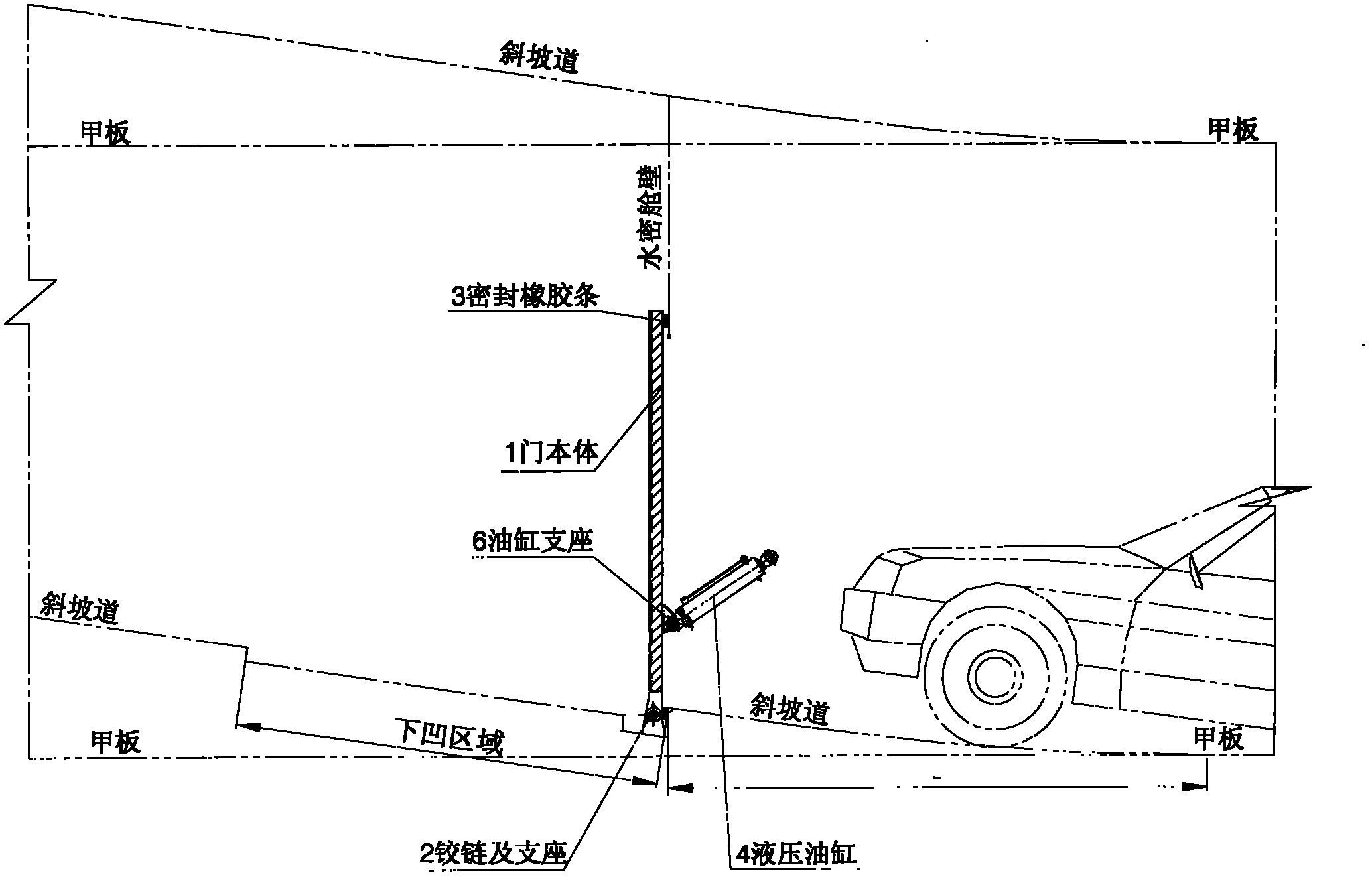 Hinge type light hydraulic watertight door under roll-on-roll-off ship