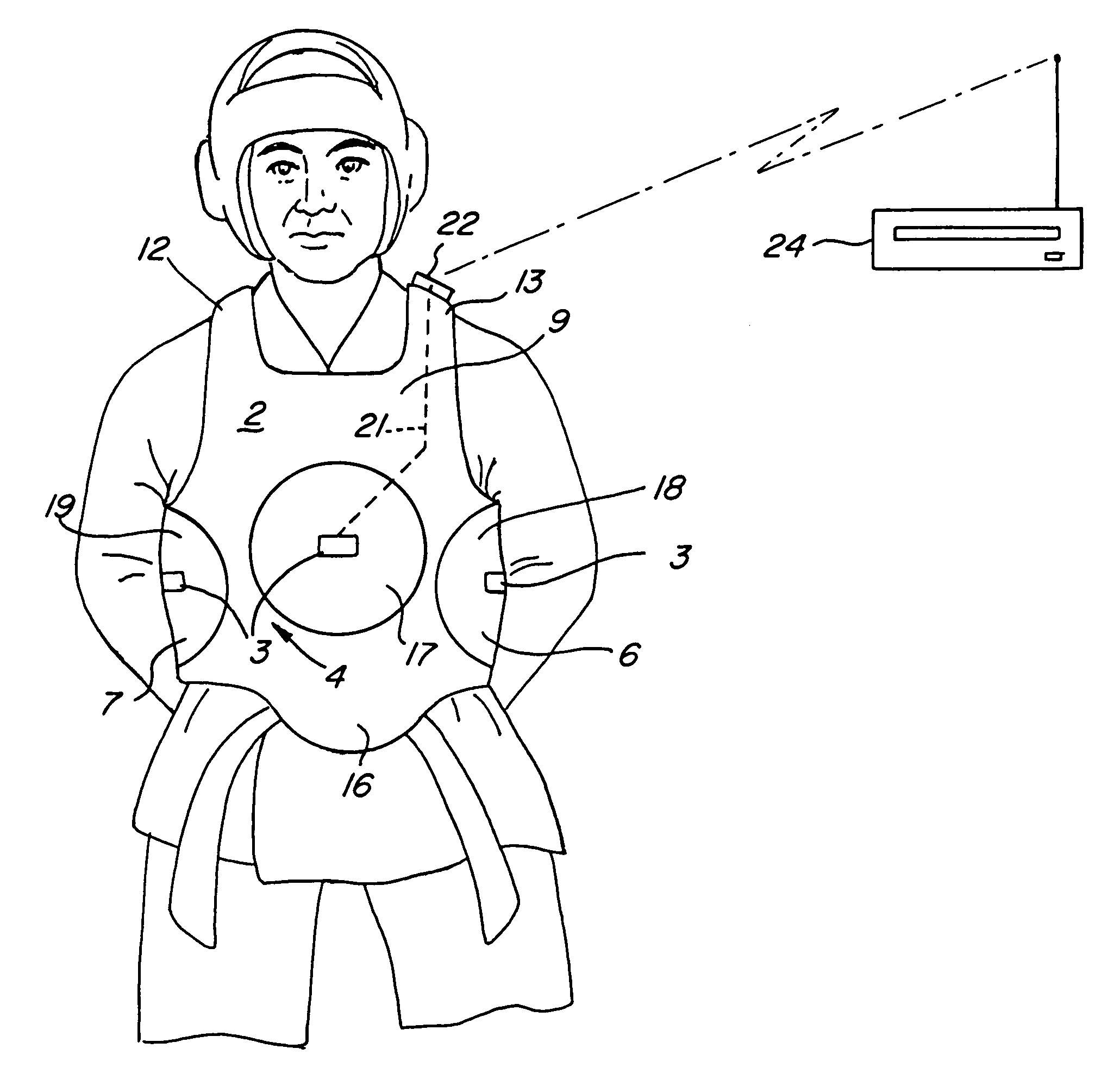 Apparatus for monitoring and registering the location and intensity of impacts in sports