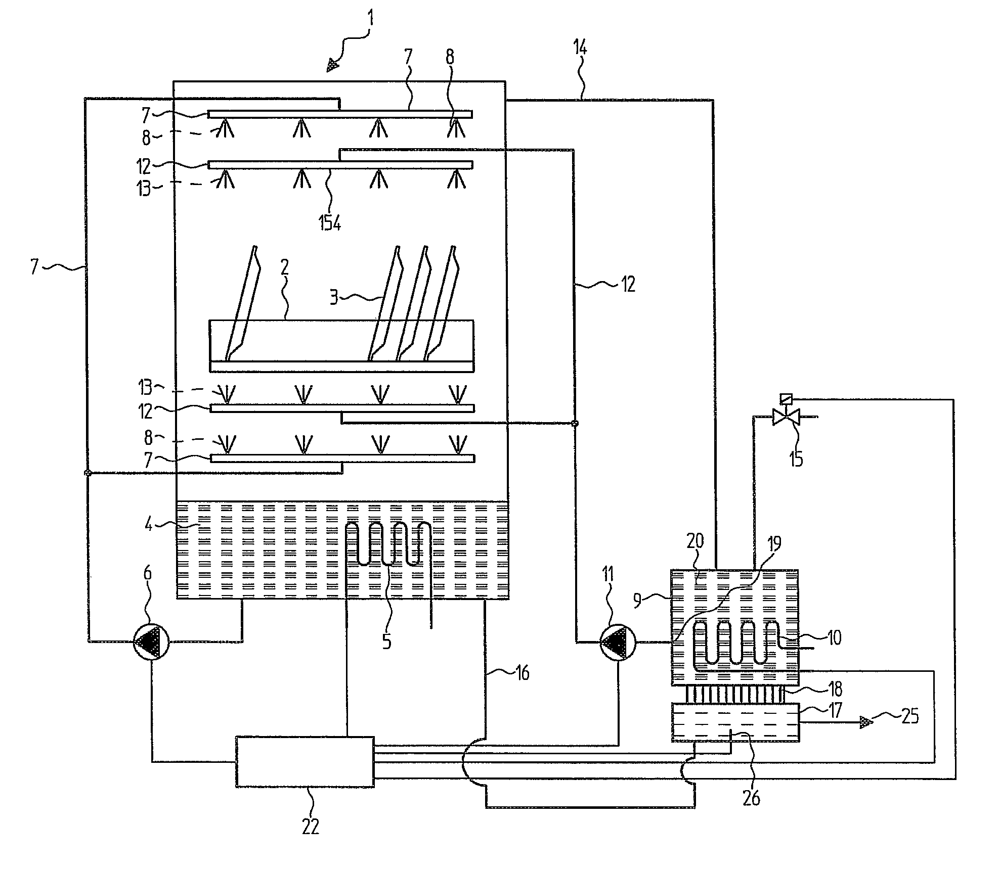 Batch dishwasher with waste water heat recovery