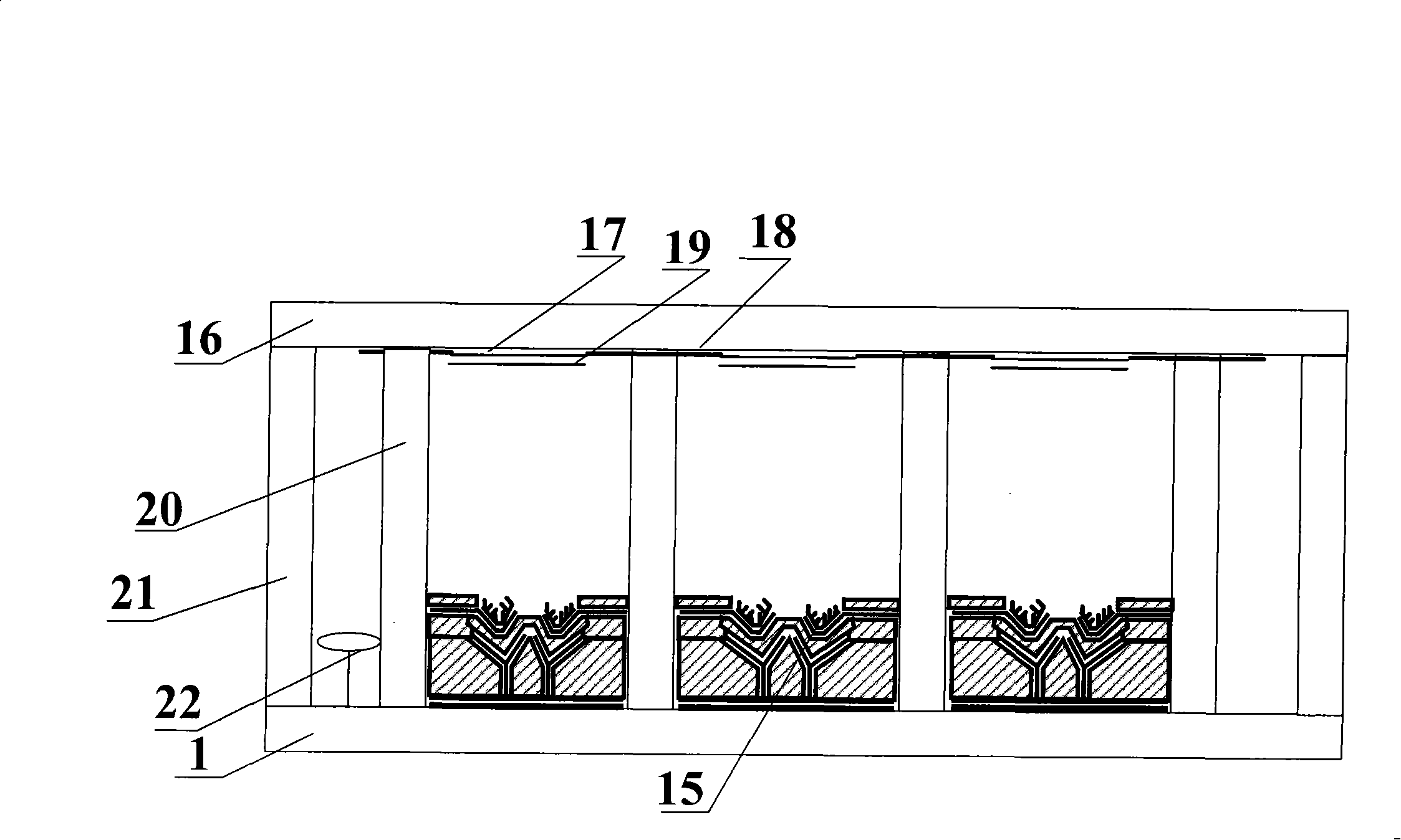 Flat panel display with branching control inflected arch cathode type structure and production process thereof