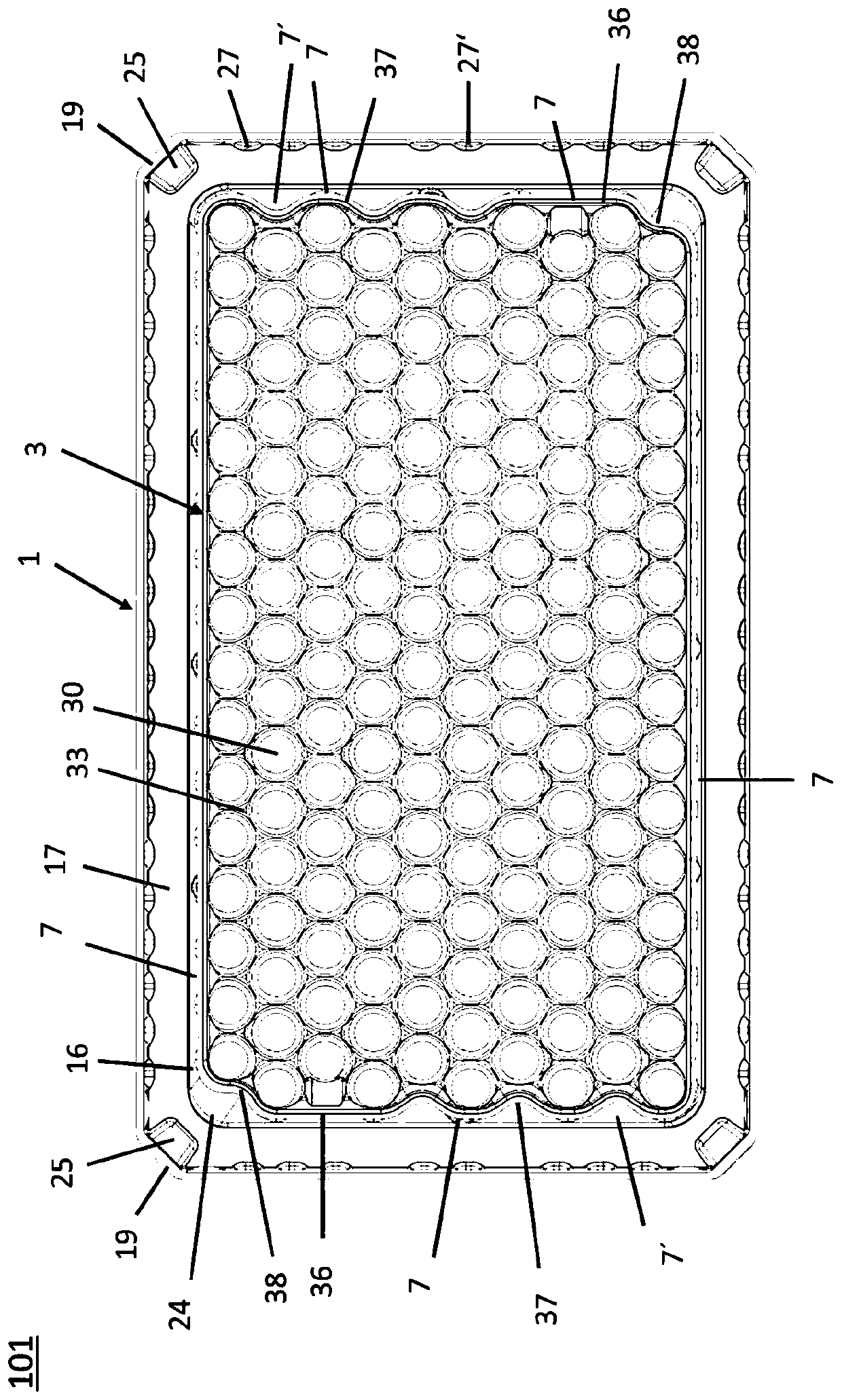 Transport unit and packaging structure for a plurality of containers for substances for pharmaceutical, medical or cosmetic uses