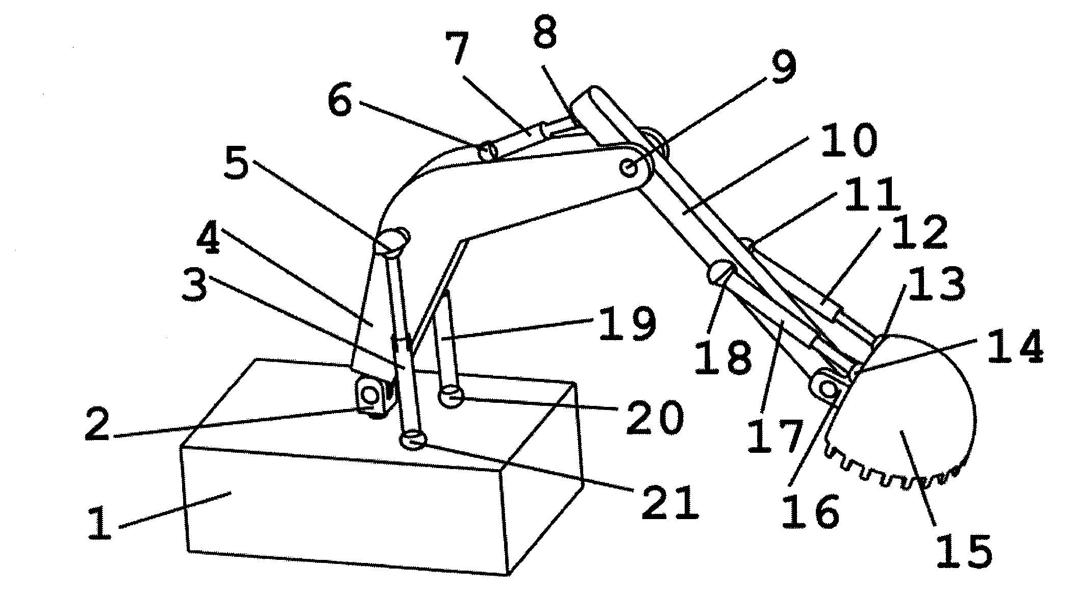 Spatial excavator with two-range-of-motion (two-ROM) movable arm, one-ROM bucket rod and two-ROM bucket