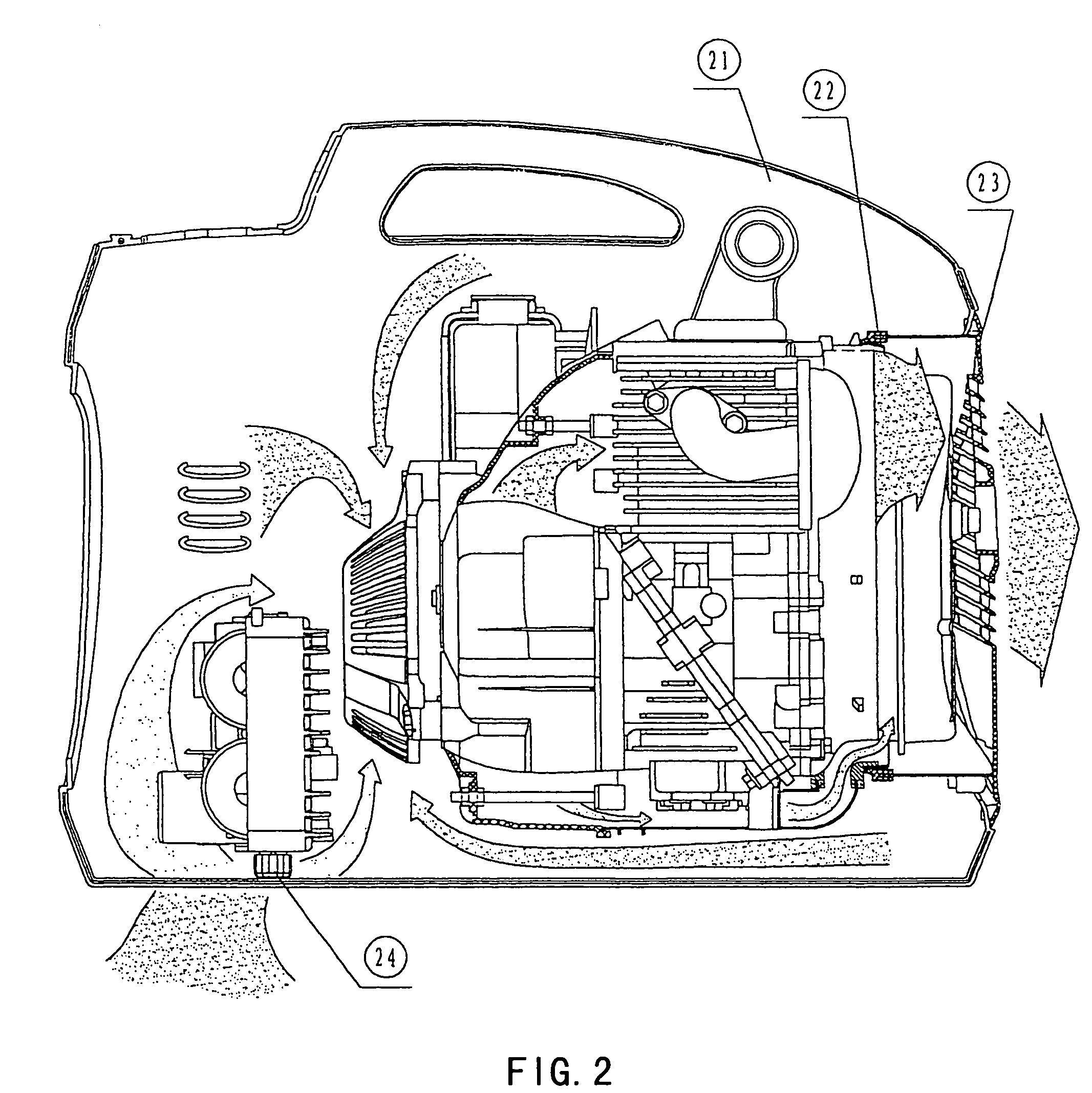 Cooling system of an engine for the inside of a generator