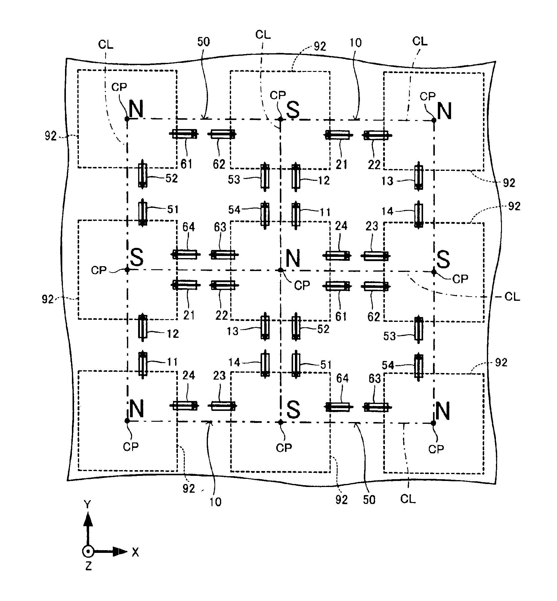 Magnetic sensor, production process of the magnetic sensor and magnetic array suitable for the production process