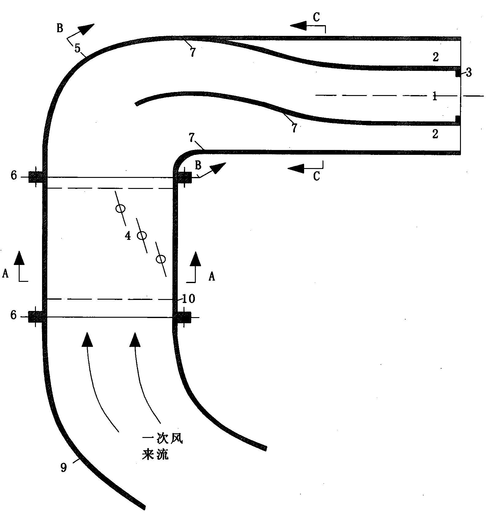 Thick-phase and thin-phase primary wind speed adjustable direct-current pulverized coal burner