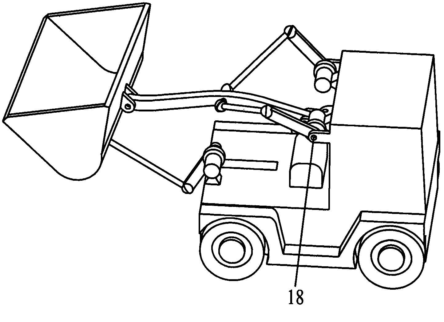 Spatially controllable mechanism type loader with two-dimensional rotatory moving arm and one-dimensional rotary bucket