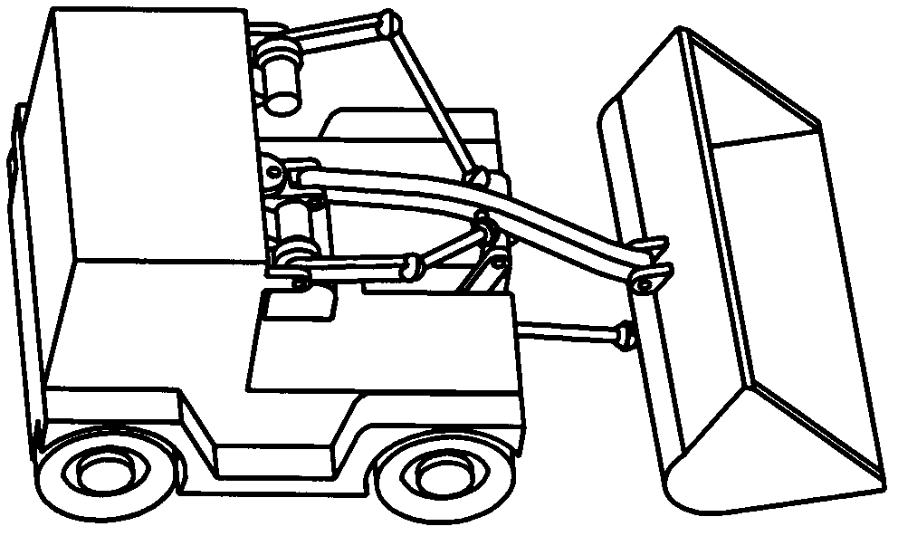 Spatially controllable mechanism type loader with two-dimensional rotatory moving arm and one-dimensional rotary bucket