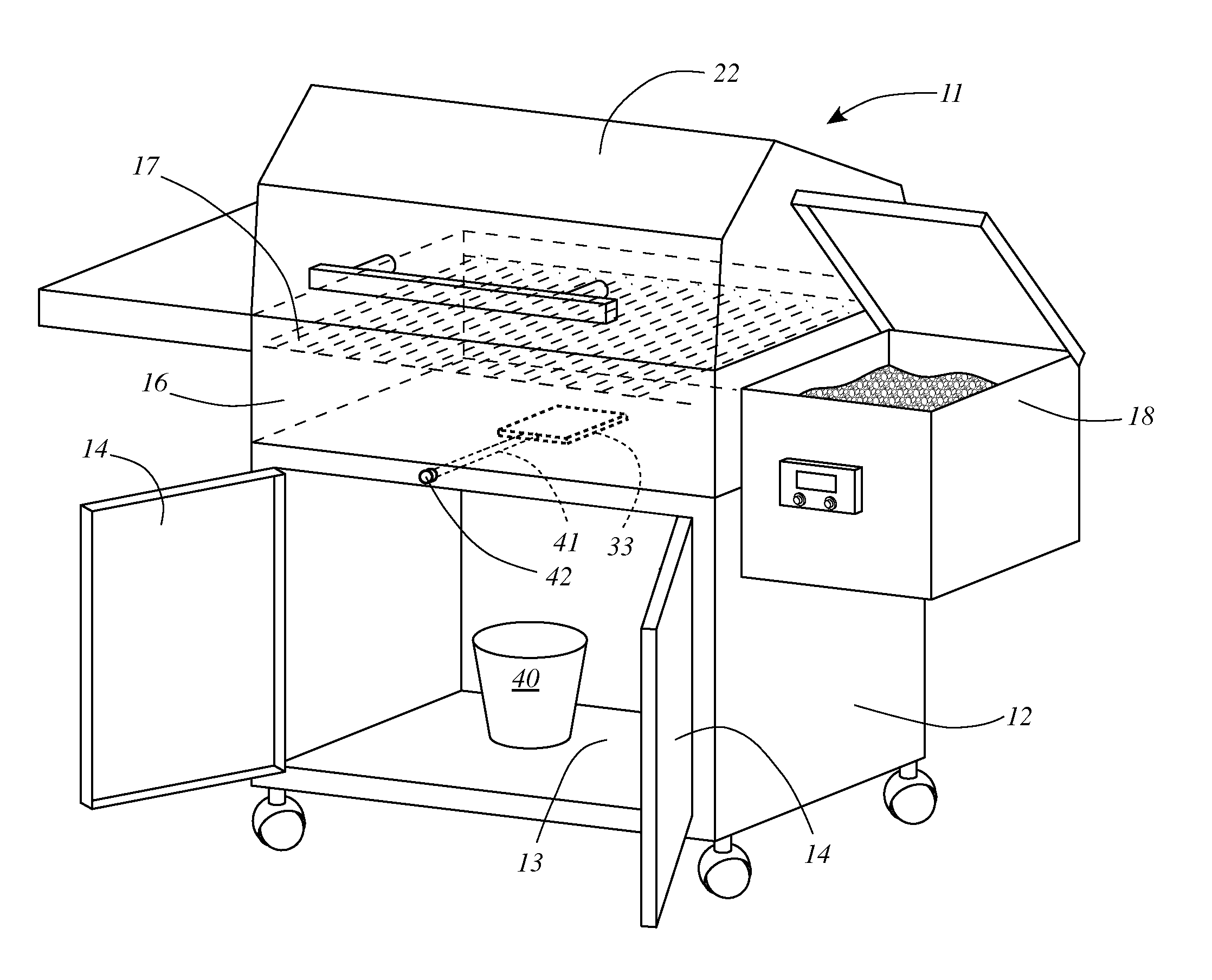 Pellet fueled grill with cleanout port