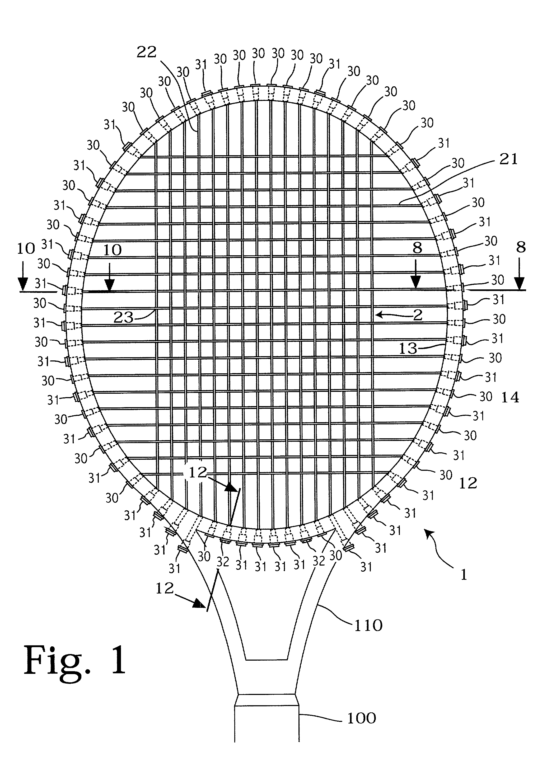 Interlocking string network for sports rackets