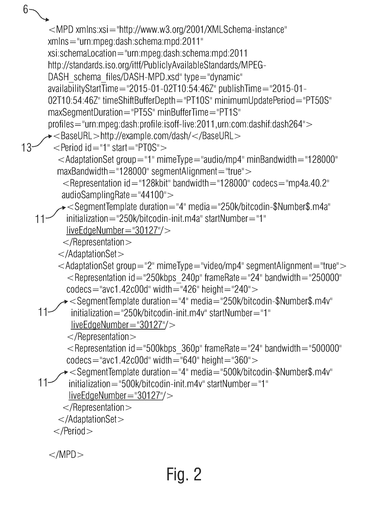 Client, live-streaming server and data stream using an information on a current segment of a sequence of segments