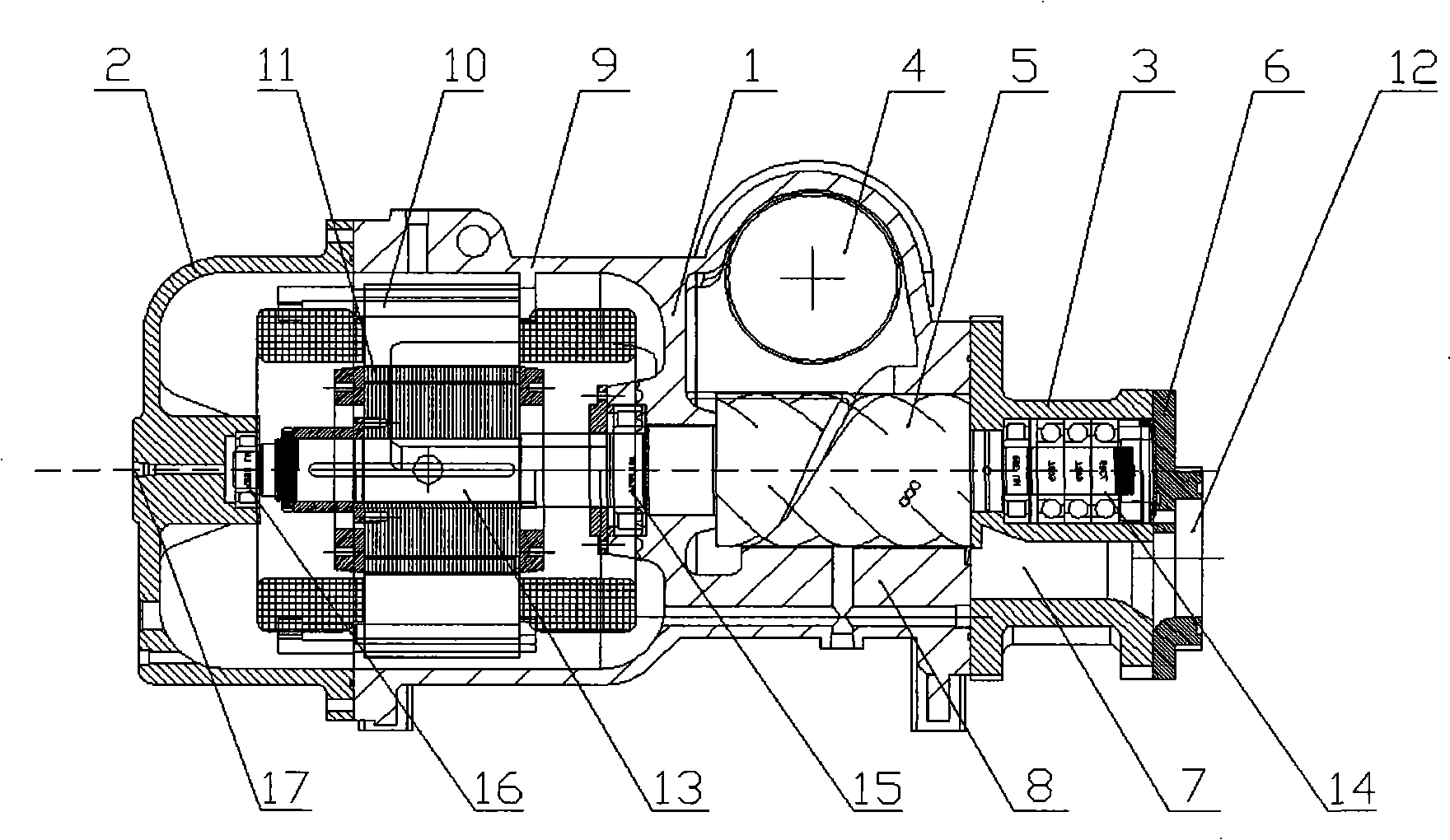 Frequency conversion screw type cold compressor three-support structure