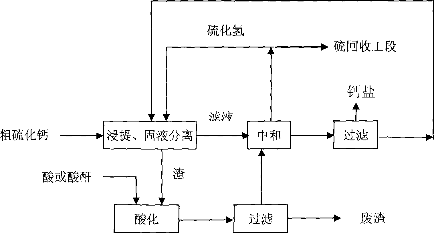 Method for producing sulfurated hydrogen and calcium salt with calcium sulphide