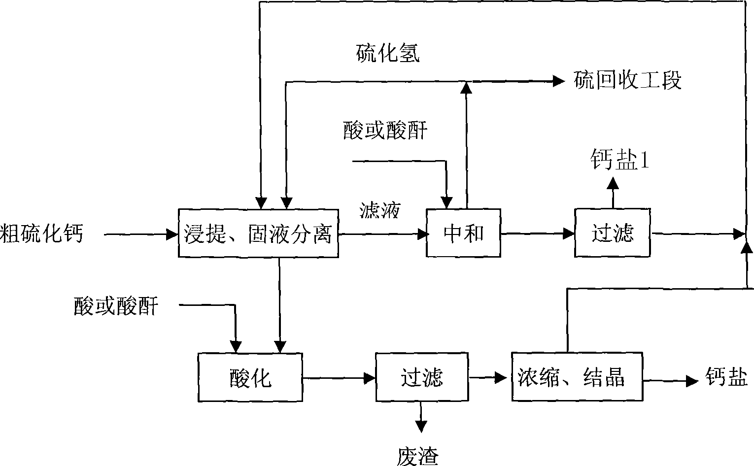 Method for producing sulfurated hydrogen and calcium salt with calcium sulphide