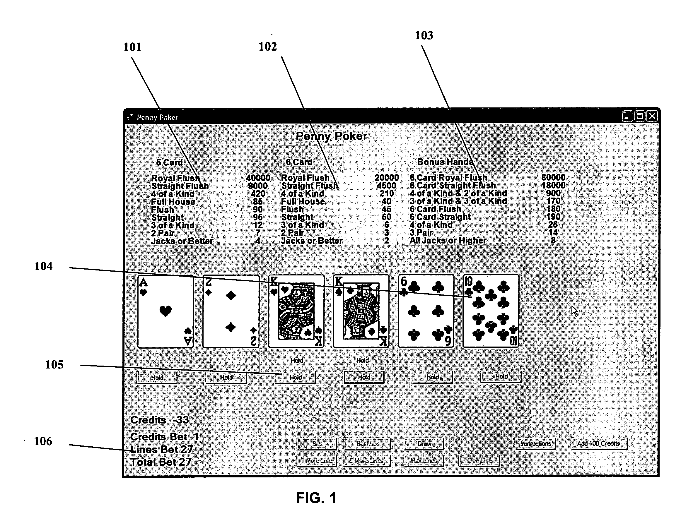 Method for multi-line betting on a video poker game