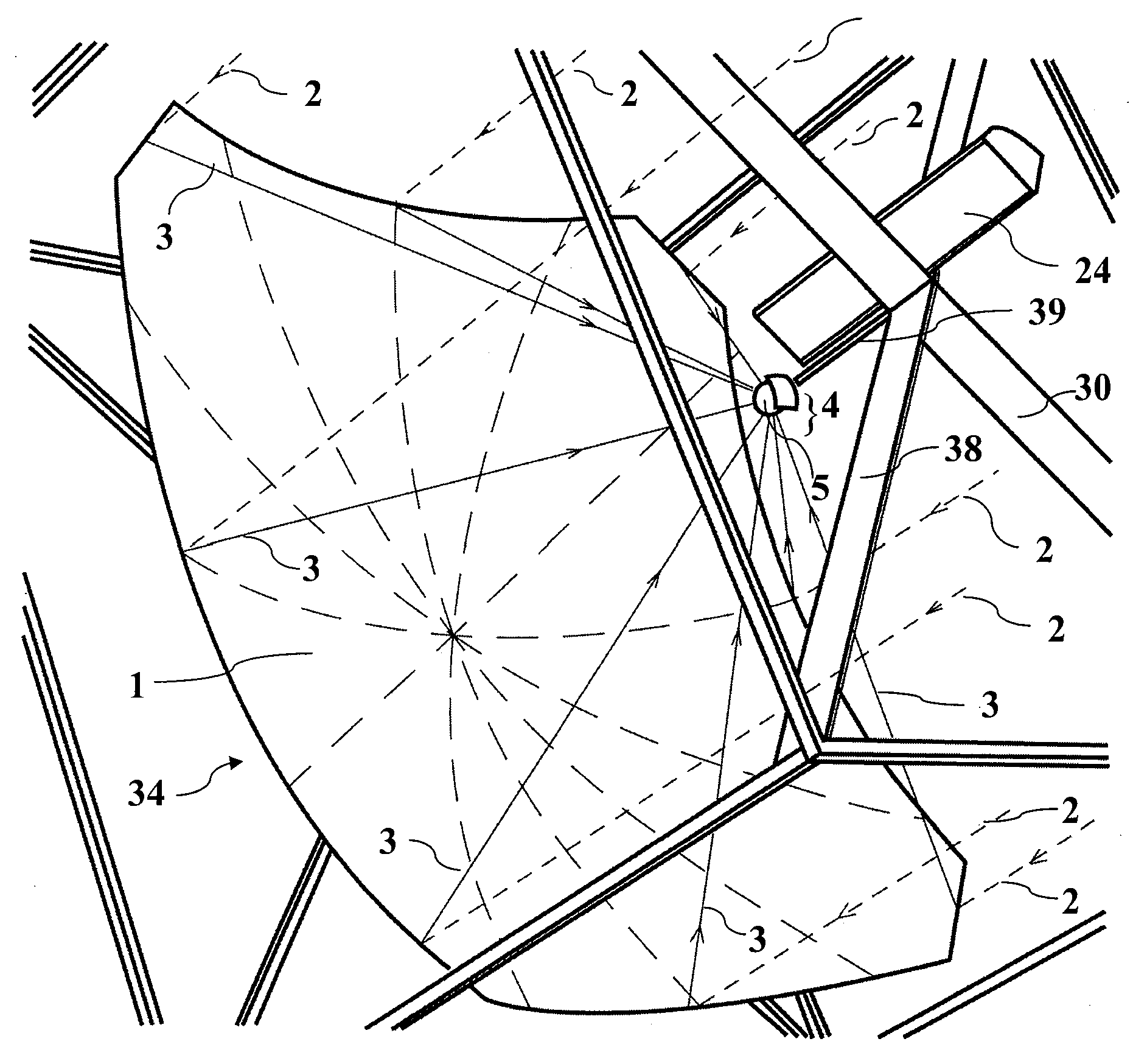 Photovoltaic generator with a spherical imaging lens for use with a paraboloidal solar reflector