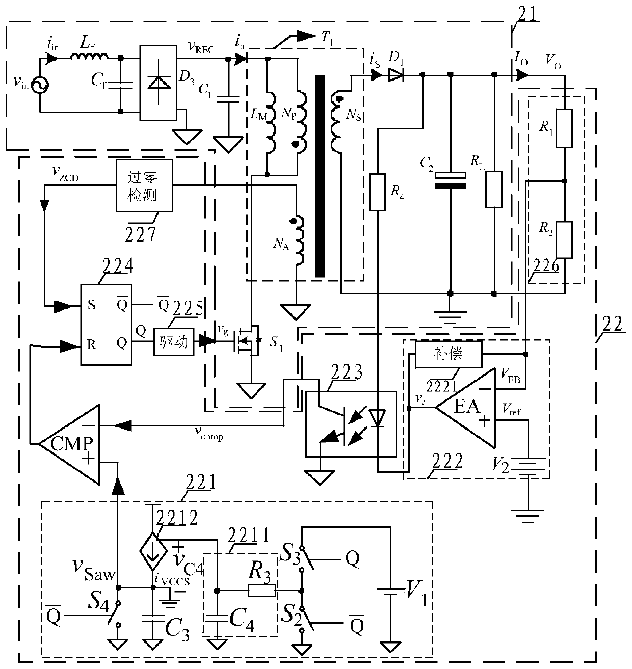 Sawtooth wave generation circuit and flyback, sepic and buck-boost power factor correction converters