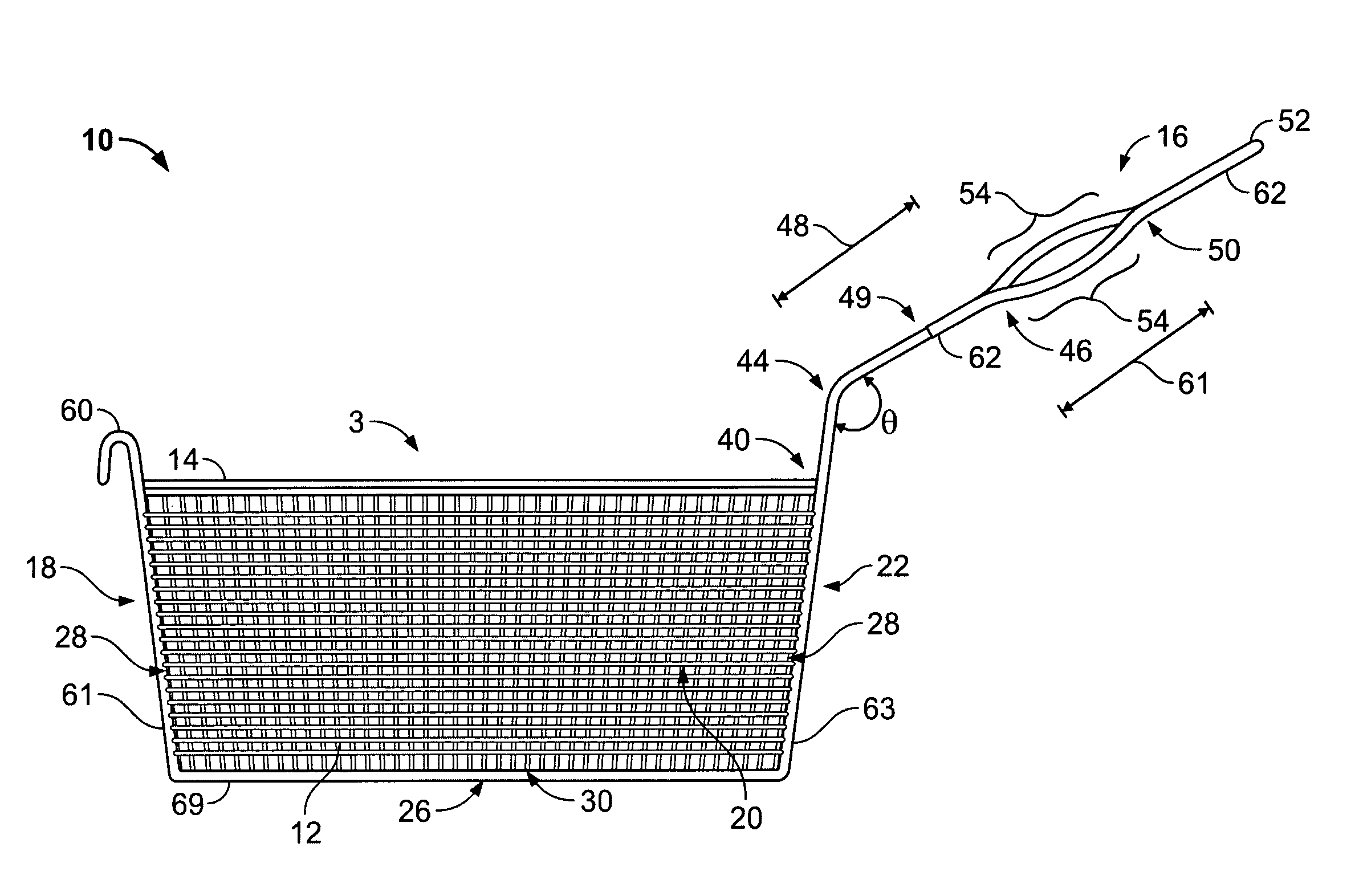 In-frame wire fry basket with ergonomic handle