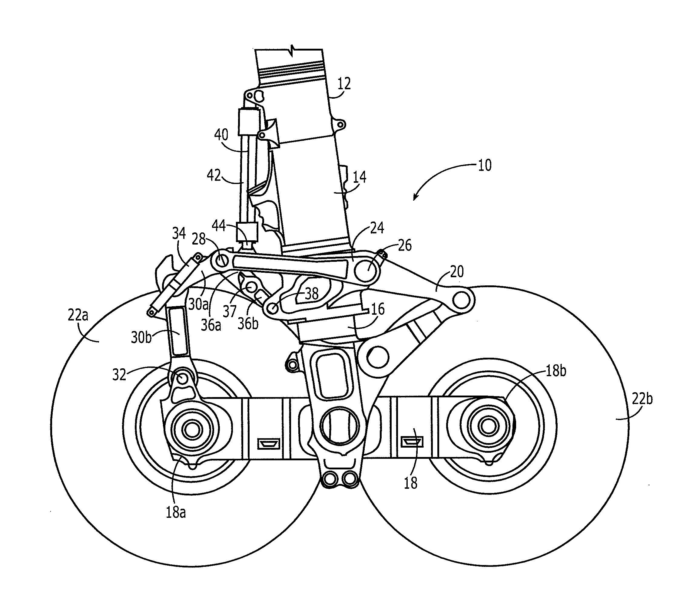 Semi-levered landing gear and associated method