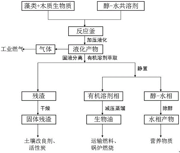 Method for preparing biological oil by co-liquefaction of algae and lignocellulosic biomass