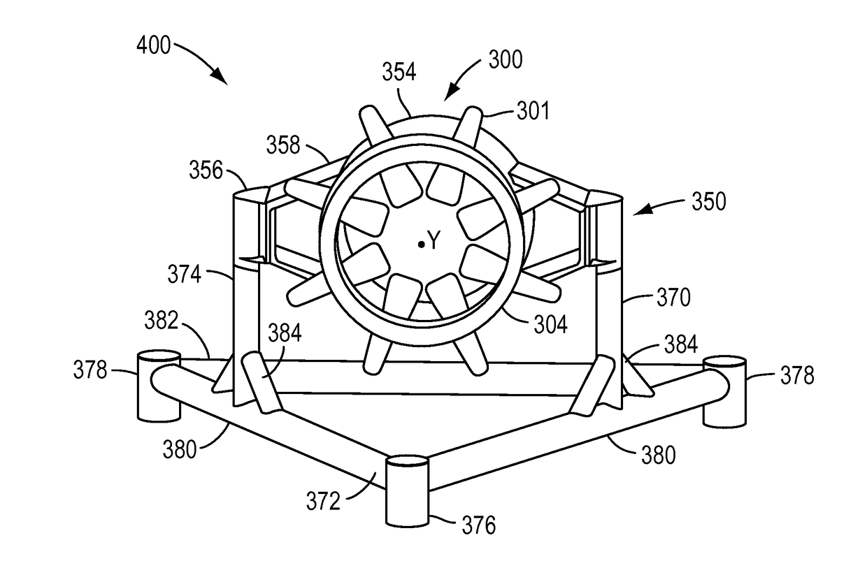 Hydroelectric turbines, anchoring structures, and related methods of assembly