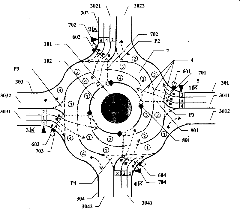 Traffic diverging system for roundabout